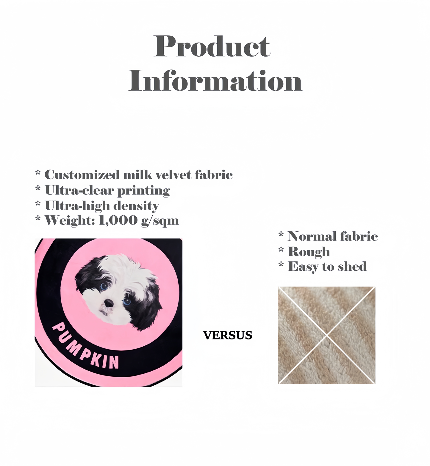 Product information comparison between customized milk velvet fabric and normal fabric on a white background.