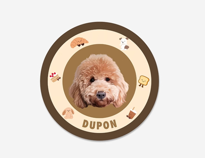 Round pet food bowl with a dog's face and name 'Dupon' on a beige background
