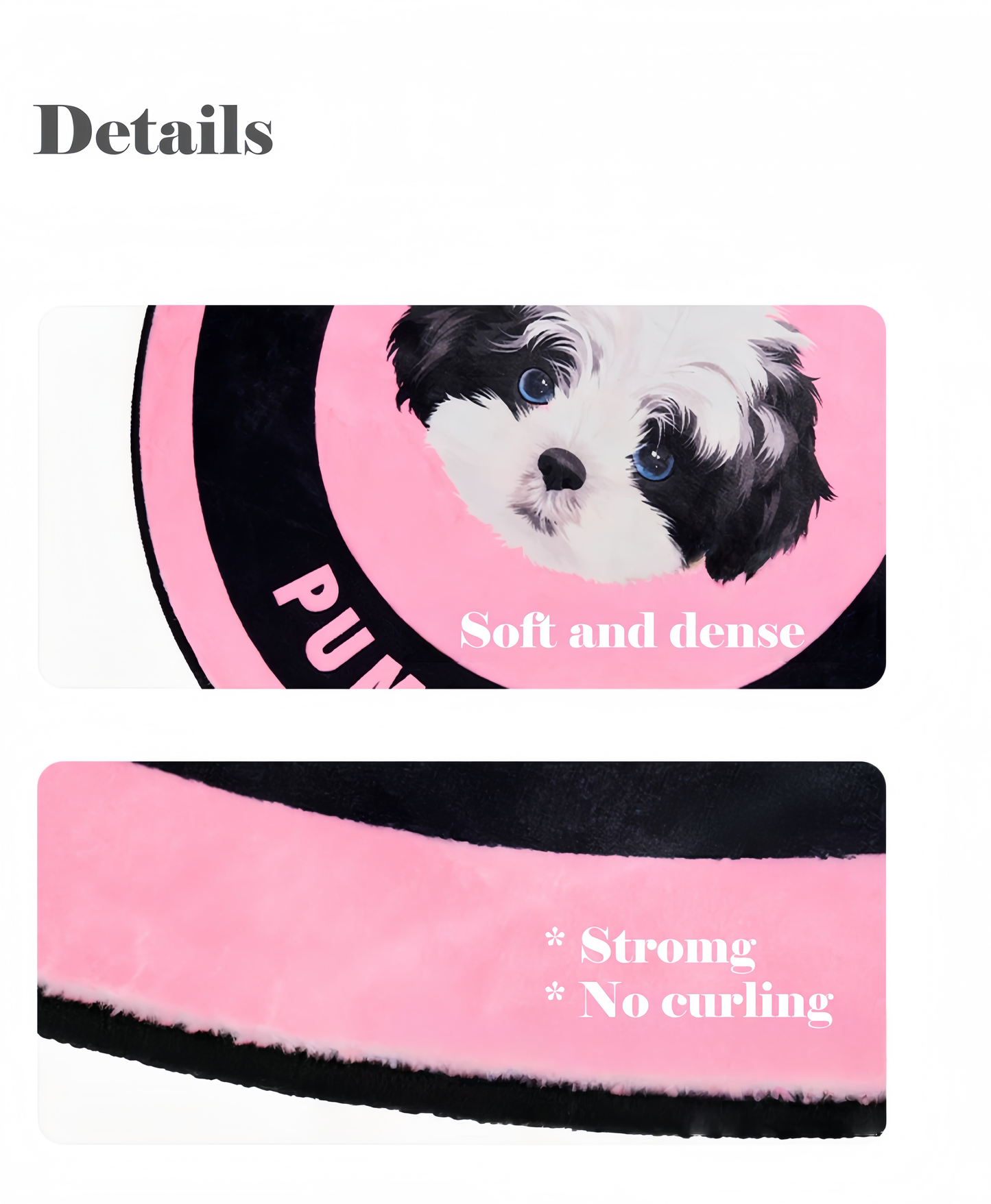 Pink and black pet product with a dog illustration and text on a white background
