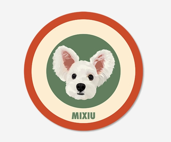 Circular sticker with a white dog illustration and 'MIXIU' text on a green background