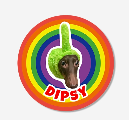 Circular sticker with a dog wearing a green hat and rainbow design, featuring the name 'Dipsy'.
