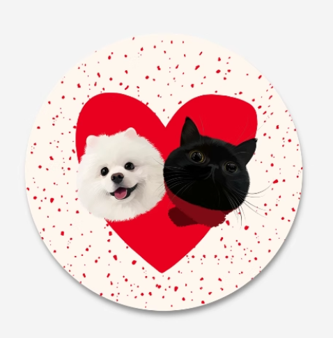 Round coaster with a white dog and black cat on a red heart design against a white background.