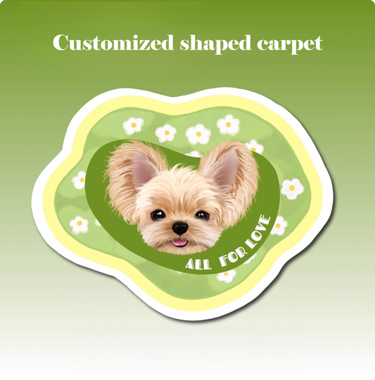 Heart-shaped carpet with a dog illustration and 'All for Love' text on a green background