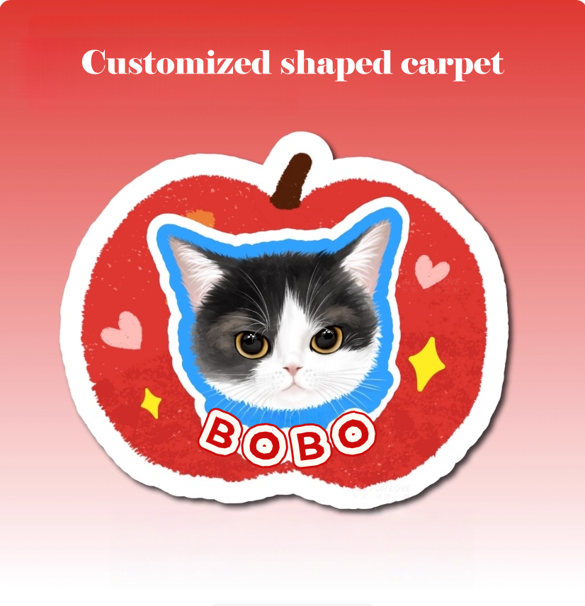 Customized shaped carpet with a cat design and 'BOBO' branding on a red and pink gradient background.