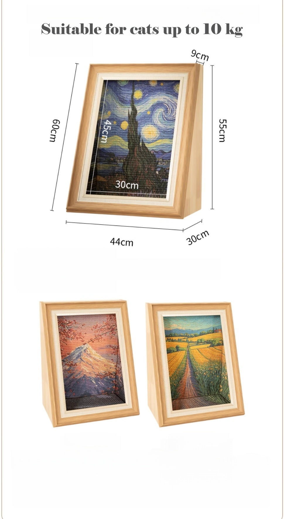 Wooden picture frames with artwork inside, showing dimensions on a white background.