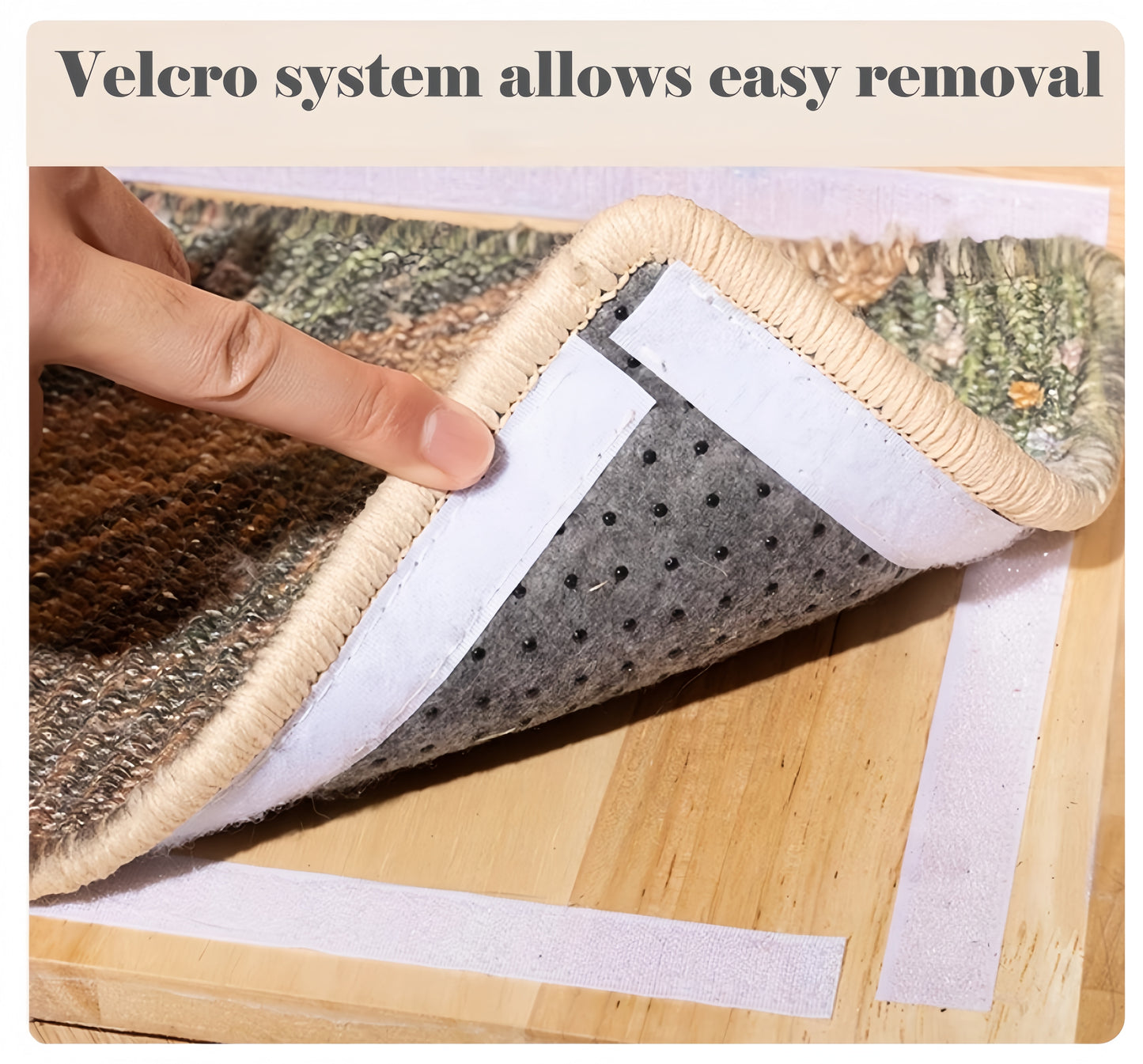 Wooden surface with a Velcro strip attached, showing ease of removal.