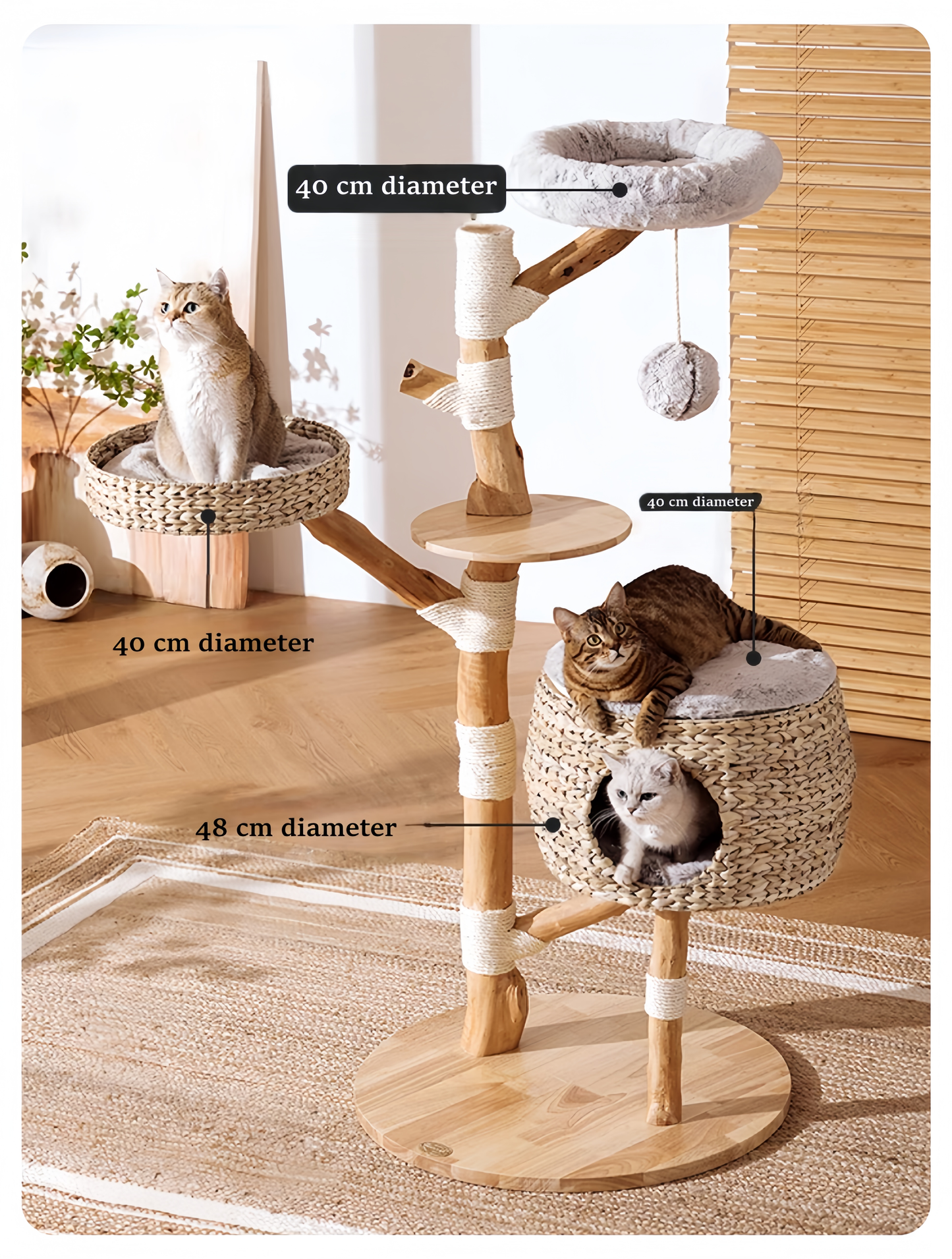 Cat tree with various platforms and a cat sitting on each, labeled for size.