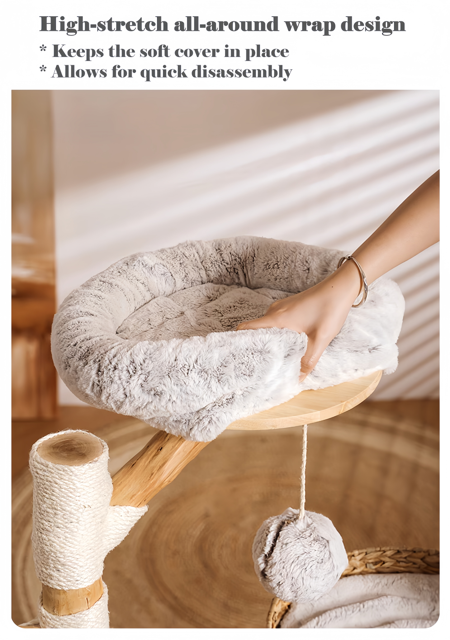 Cat tree with soft cover and wooden base, featuring high-stretch wrap design.