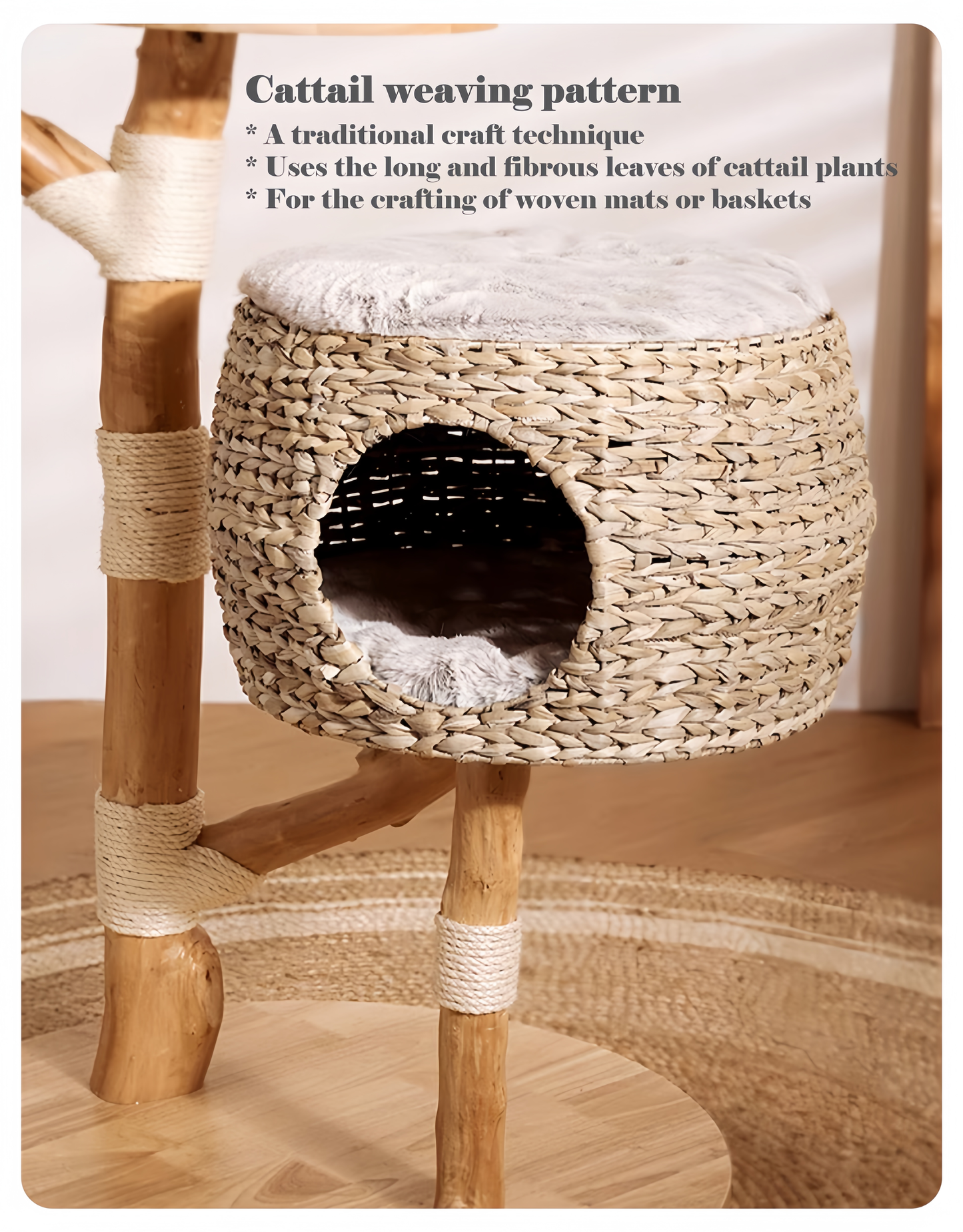 Woven cat house on a wooden stand with cattail weaving pattern text.