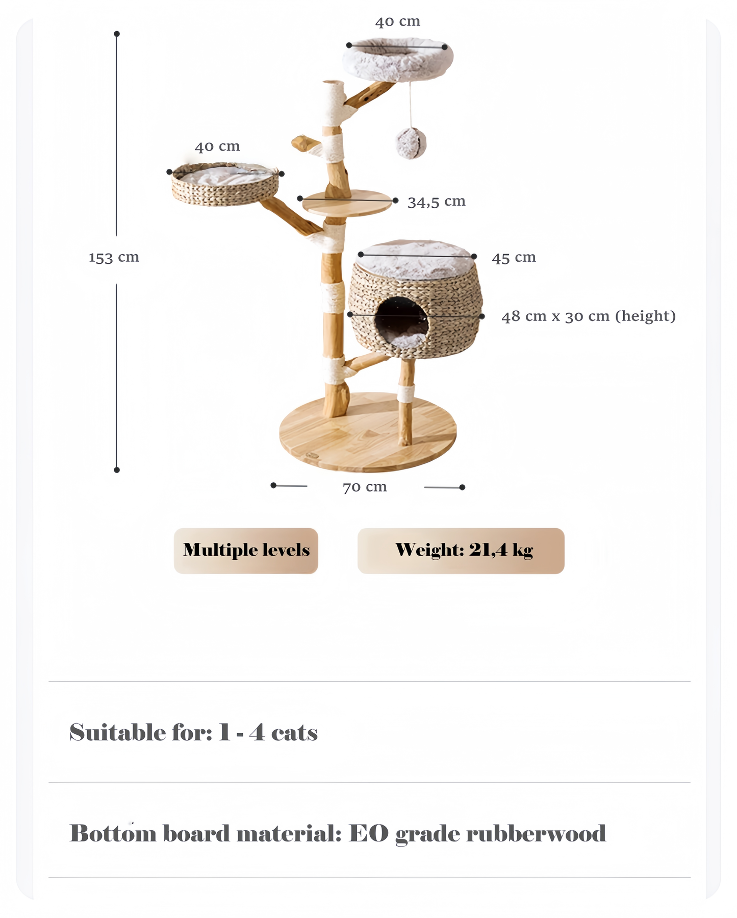 Dimensions and features of a multi-level cat tree with EO grade rubberwood bottom board.