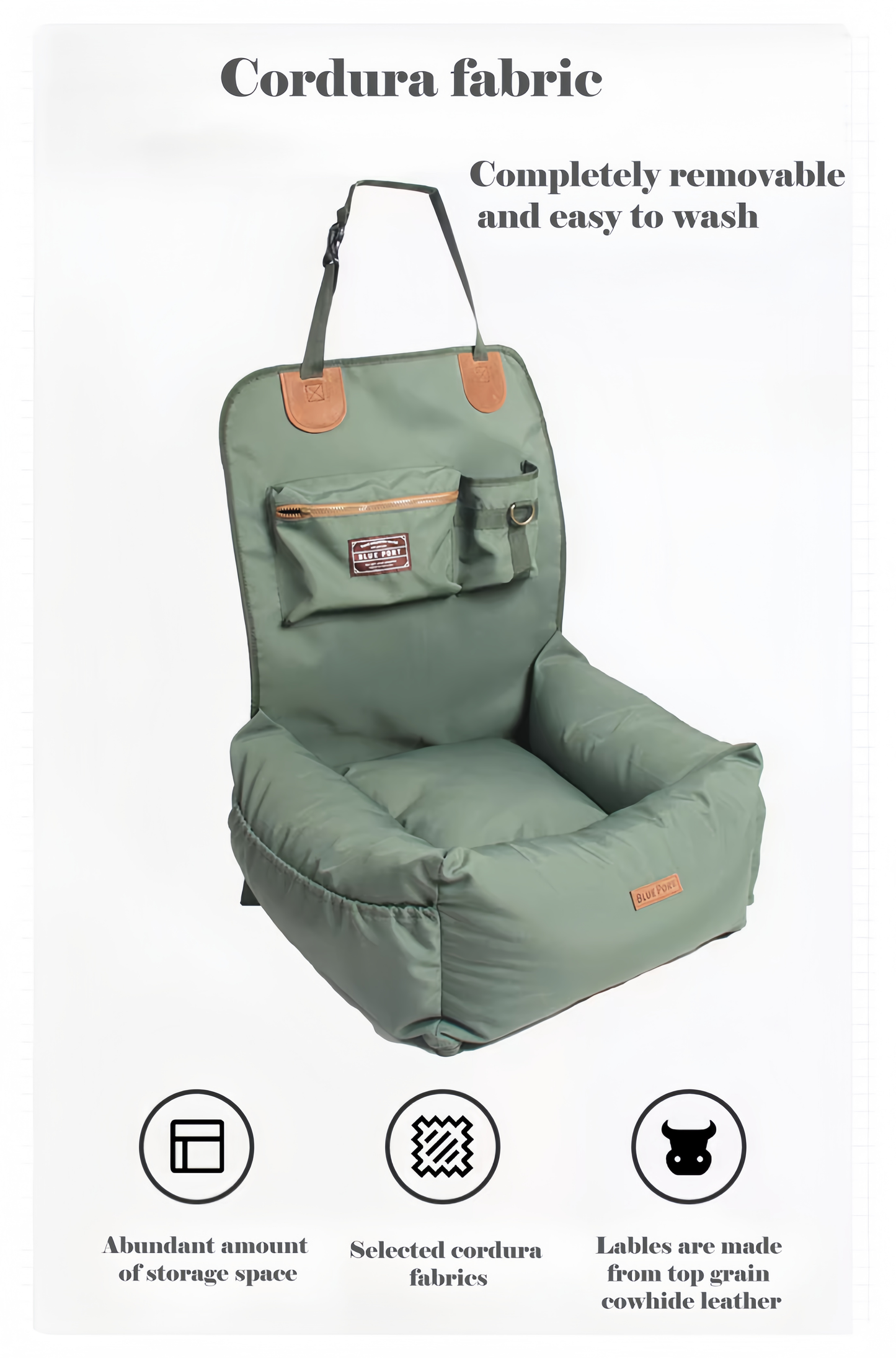 Green seat cover with leather accents on a white background