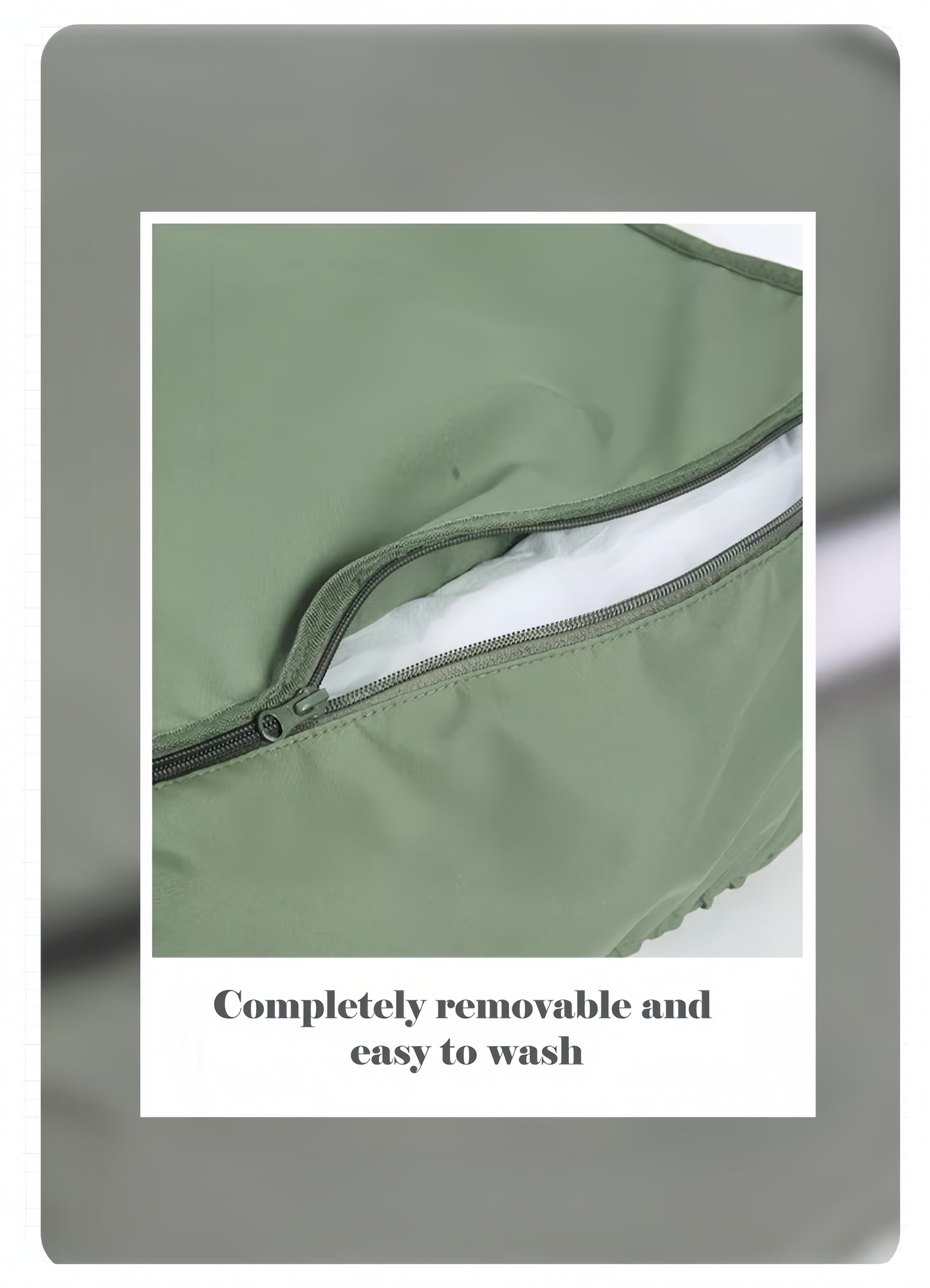 Green fabric with a zipper and white lining, showing its removable and washable feature.
