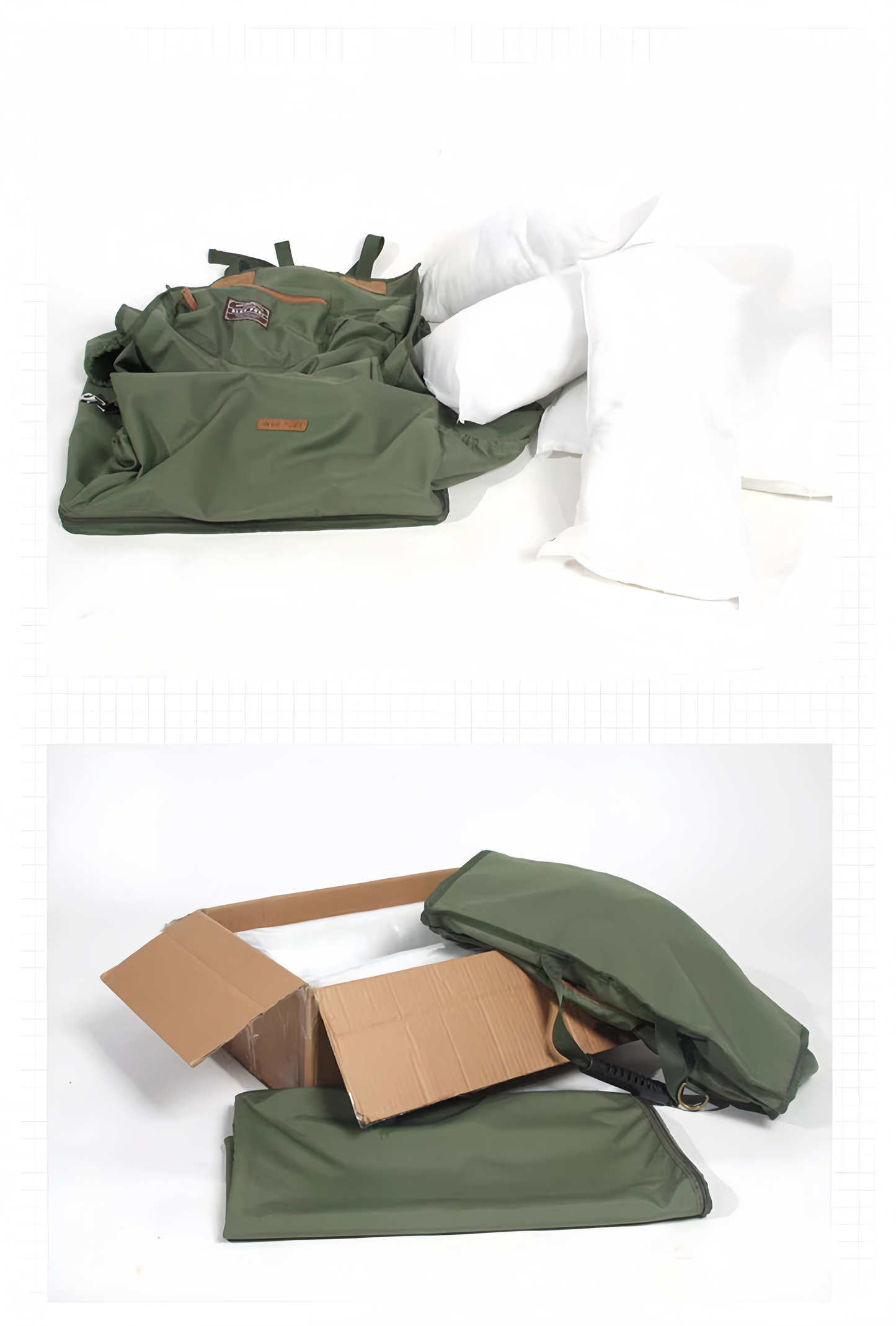 Green jacket with a brown cardboard box on a white background