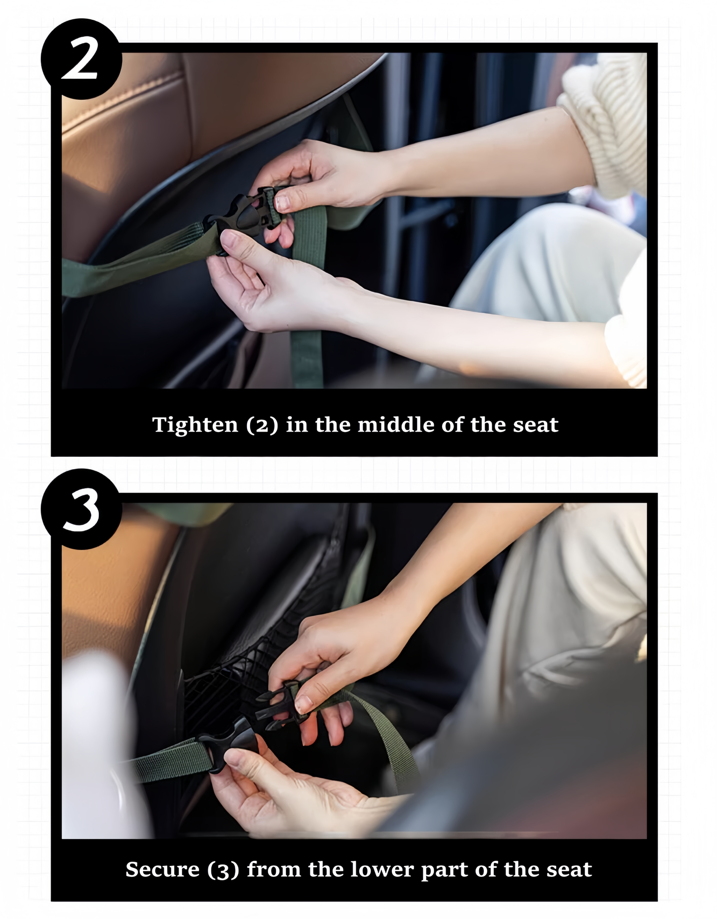 Step-by-step instructions on tightening and securing a car seat belt in a vehicle.