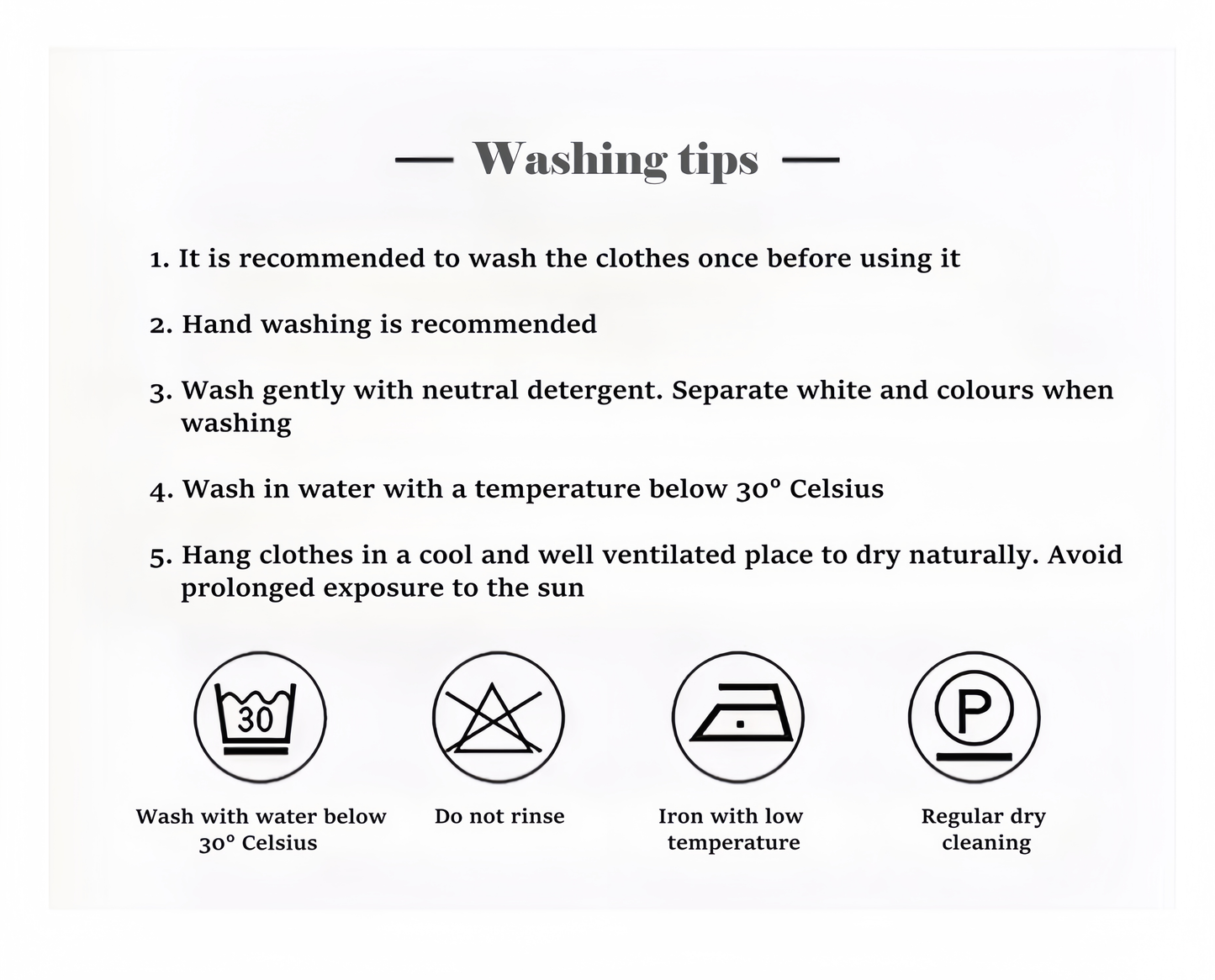 Washing instructions with icons for clothing care on a white background