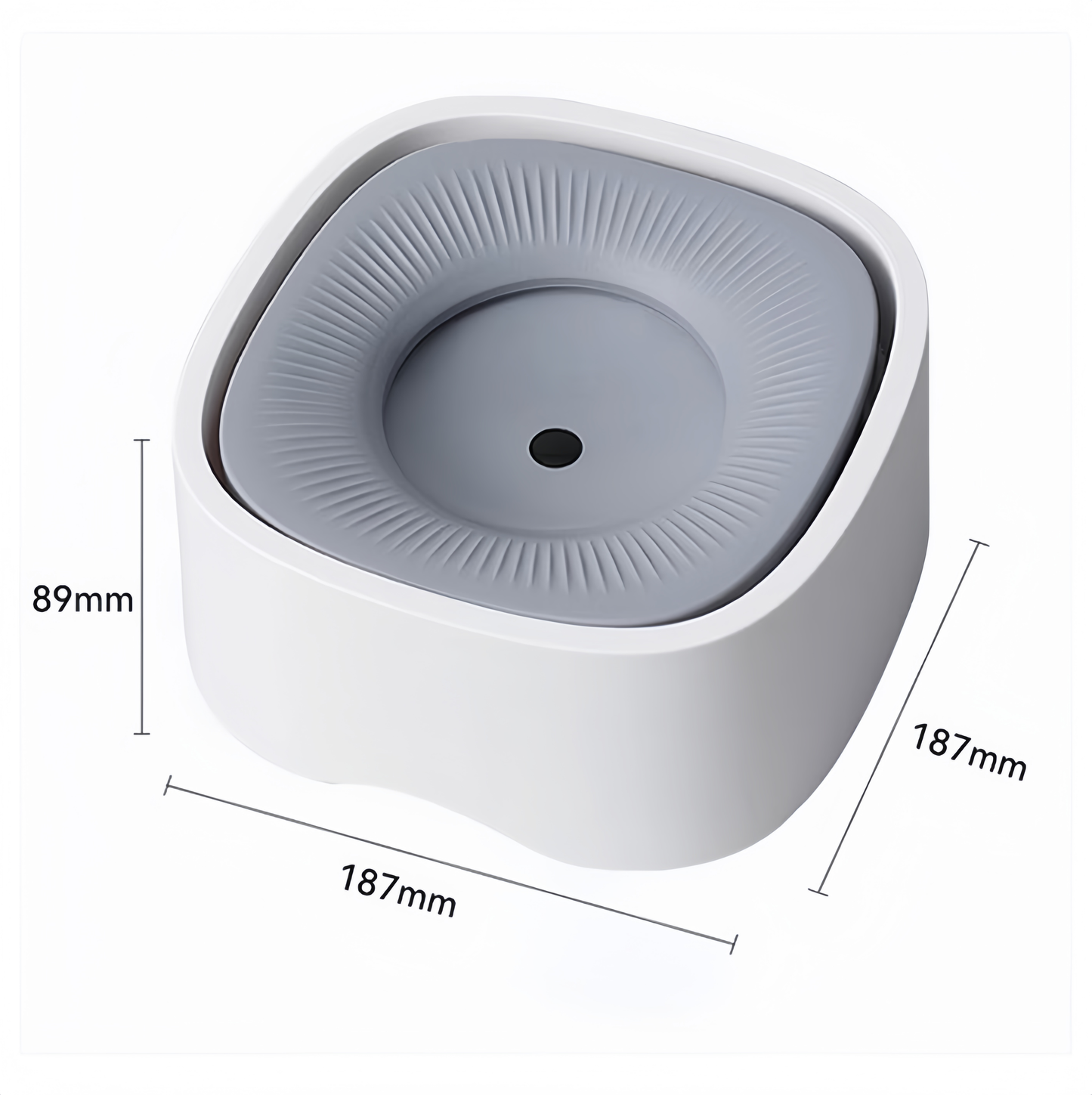 White and gray pet water fountain with dimensions on a white background