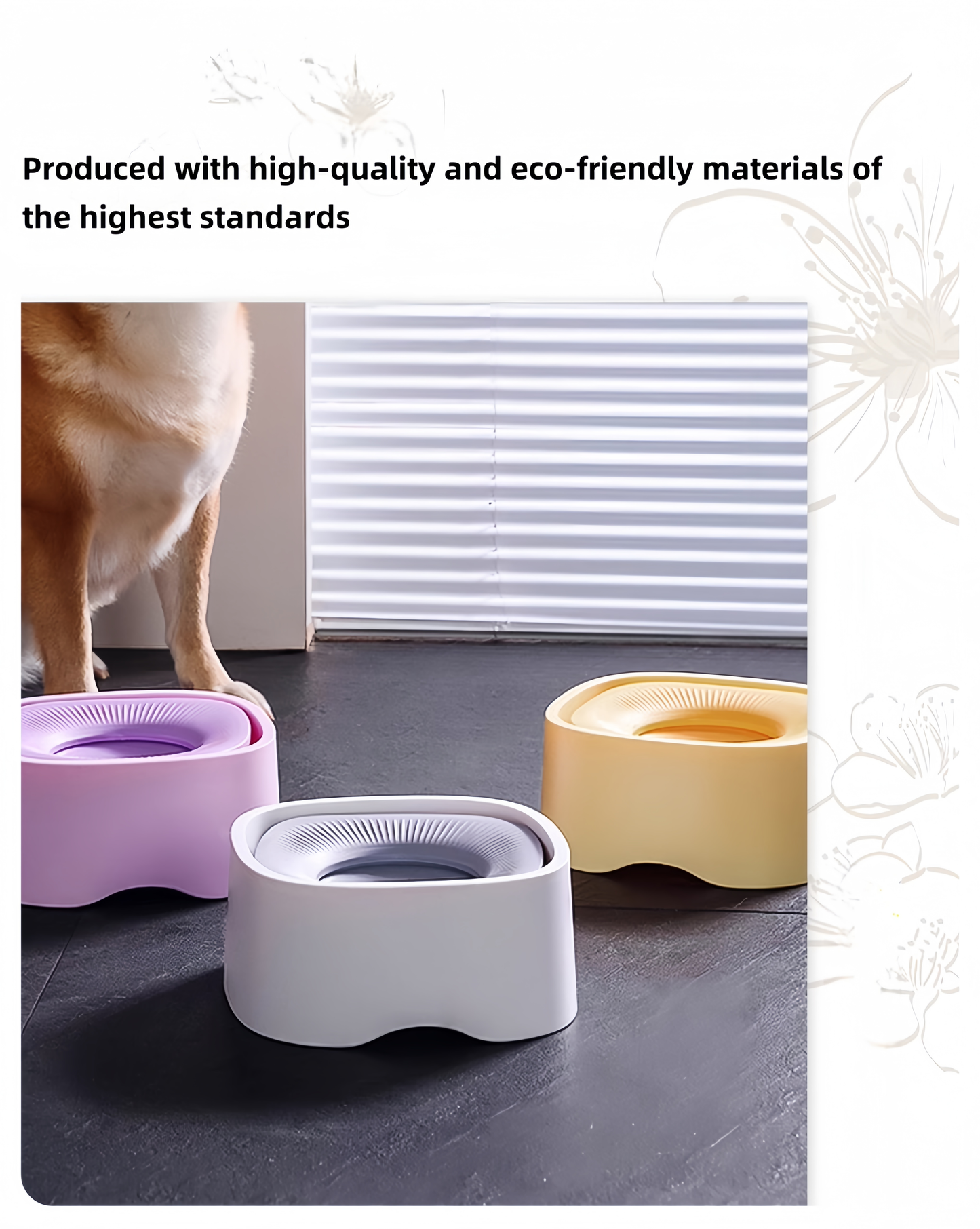 Three pet bowls in different colors on a dark floor with a dog partially visible.