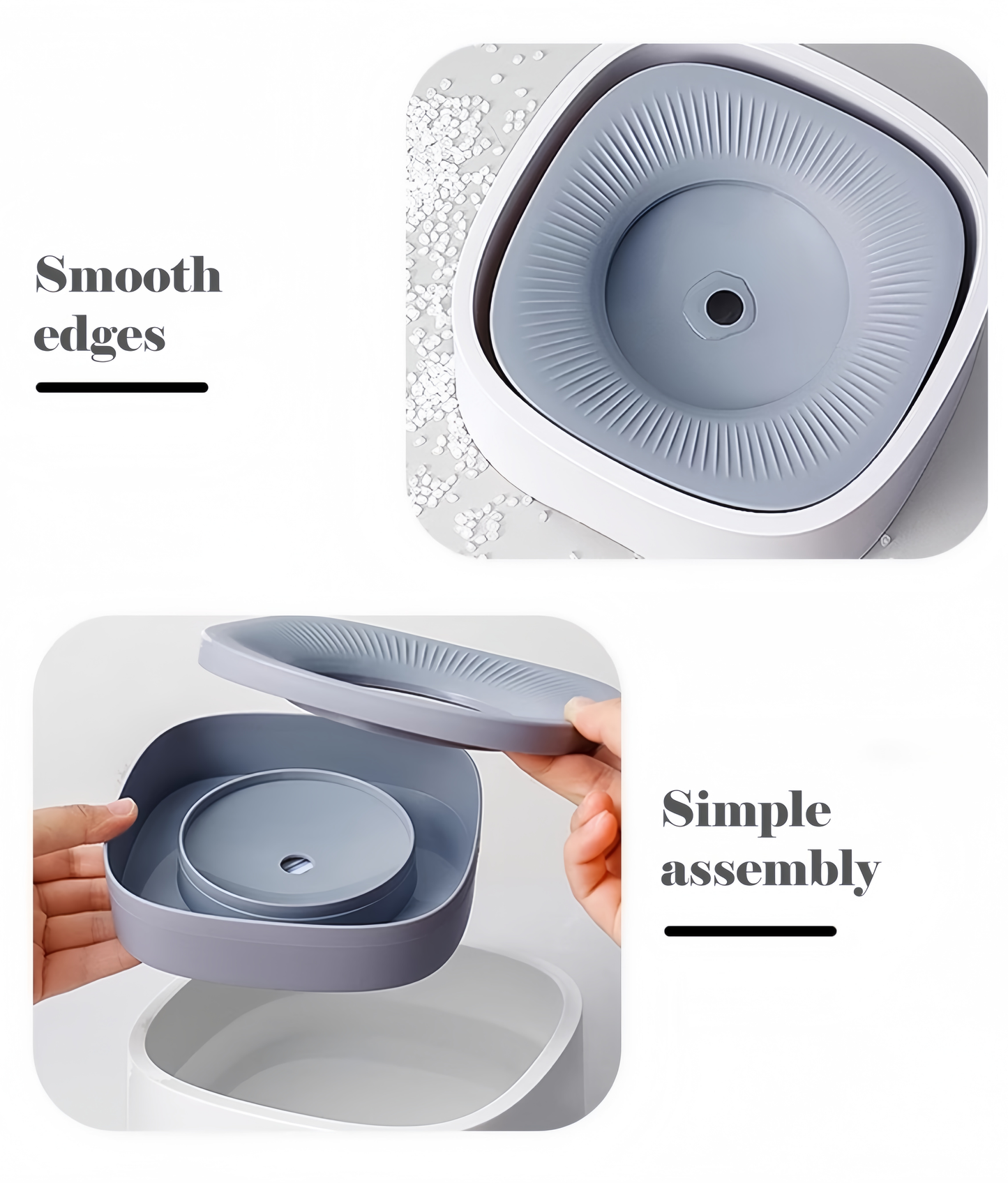 Gray pet water bowl with smooth edges and simple assembly on a white background