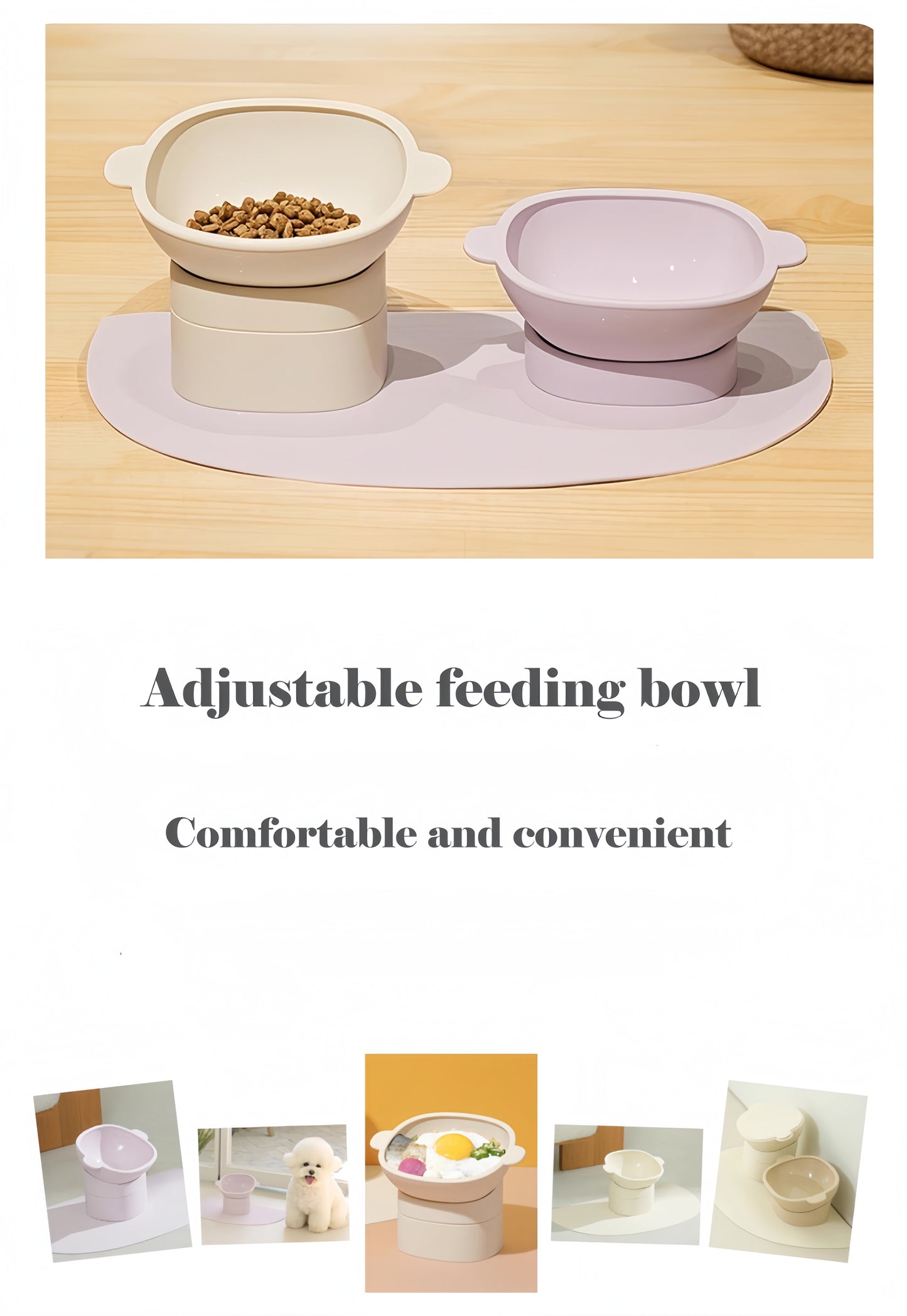 Adjustable pet feeding bowl on a wooden surface with text highlighting its features.