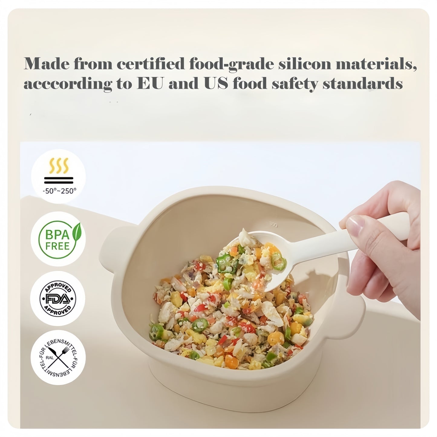 Beige bowl with food and spoon, hand holding spoon, certification logos on a beige background