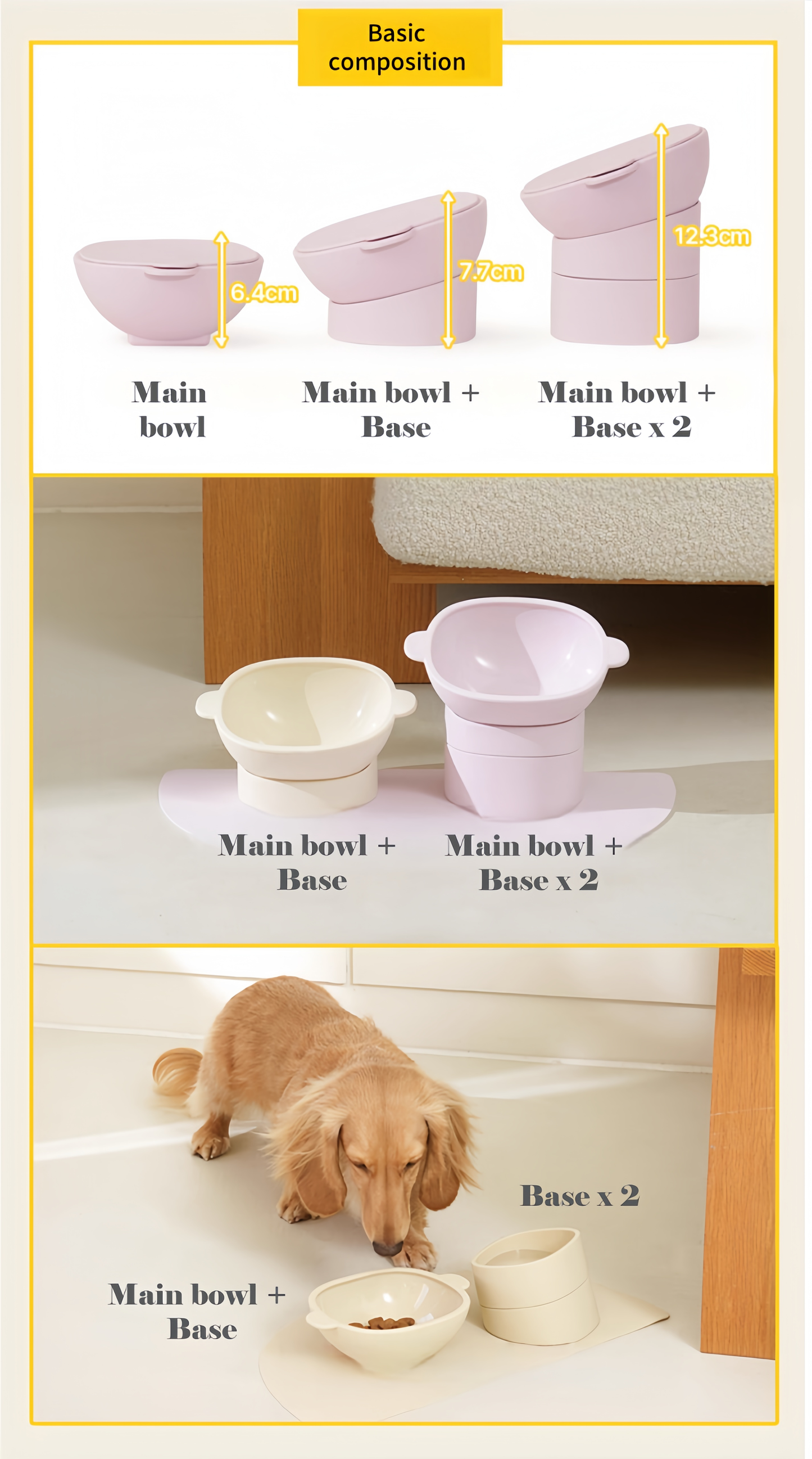 Dog bowls with bases in various configurations on a white background