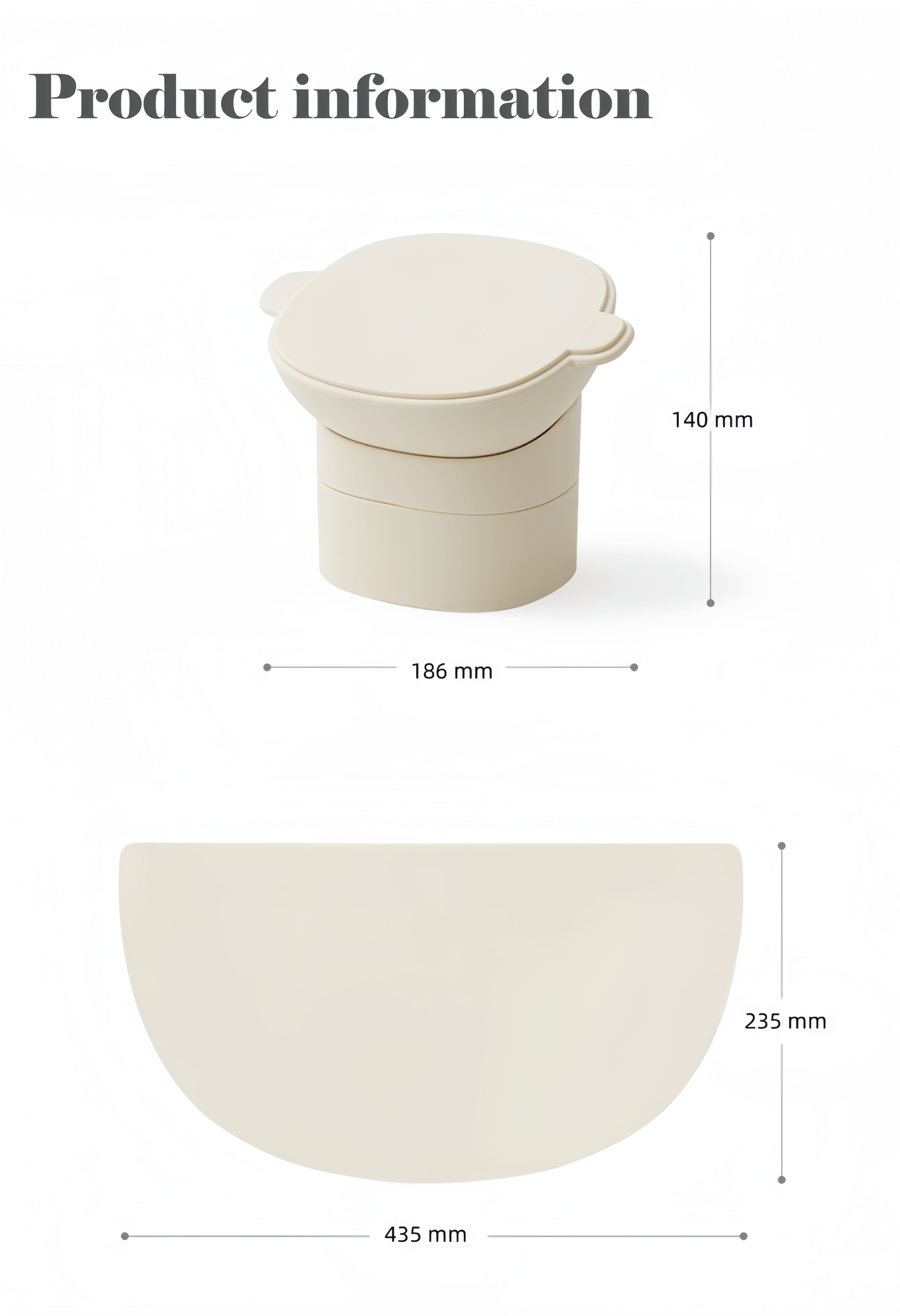 Measurement chart of a beige ceramic product with dimensions labeled.
