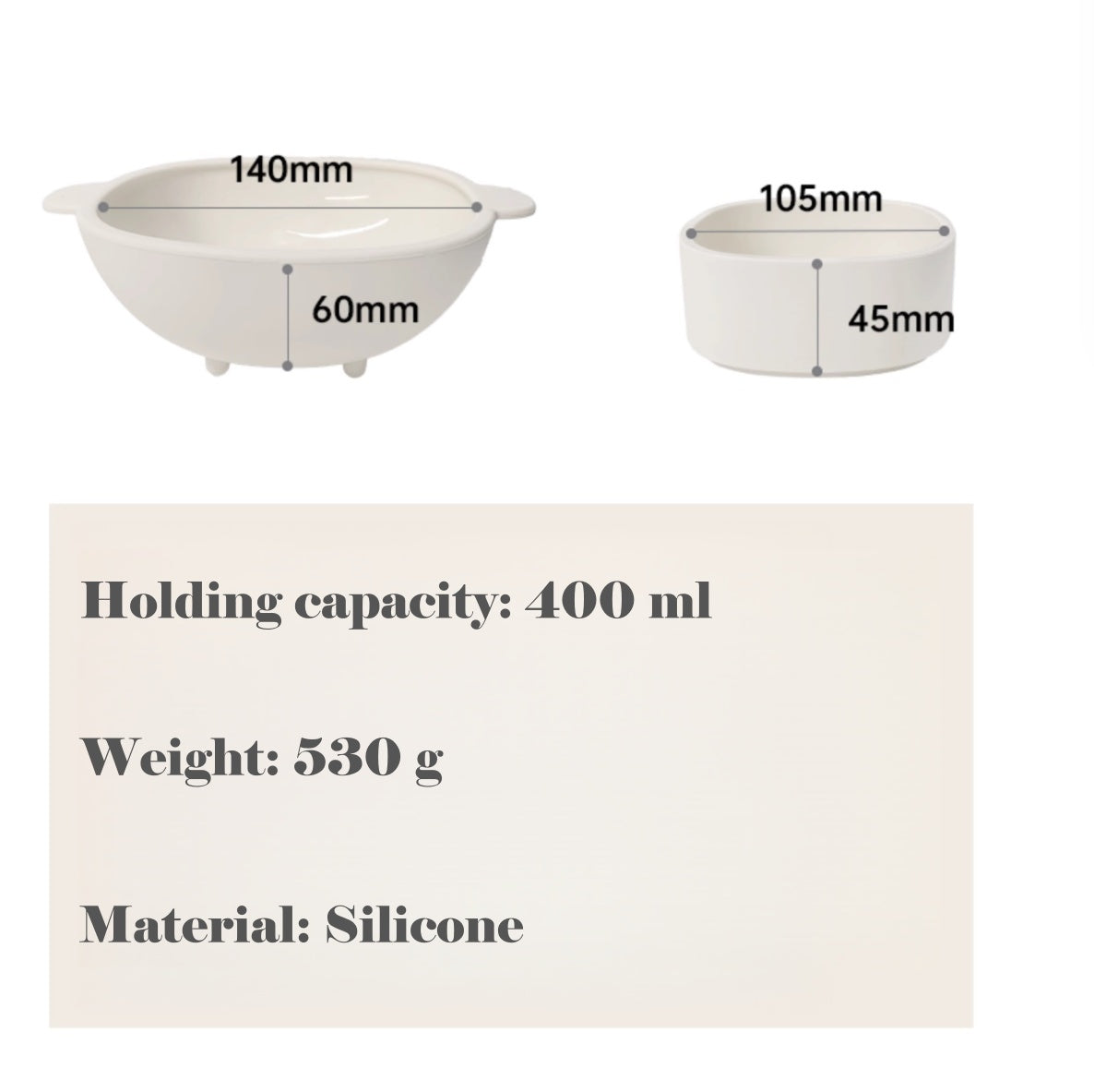Two silicone molds with measurements and product details on a white background