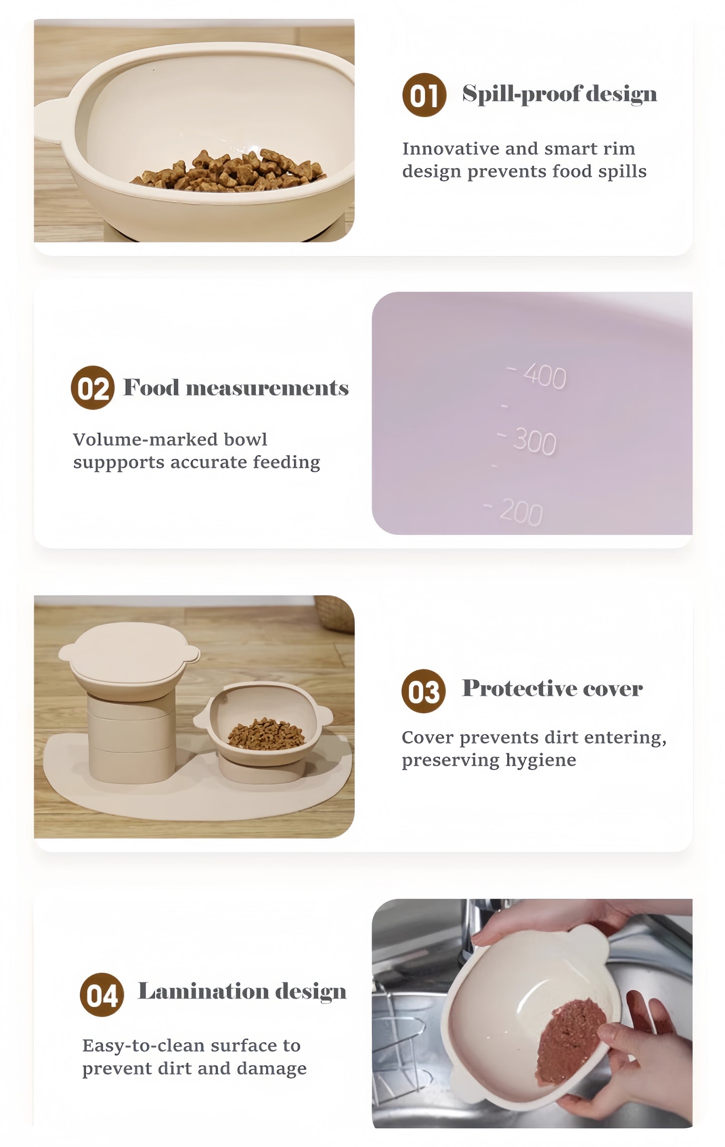 Pet food bowl with features highlighted on a white background