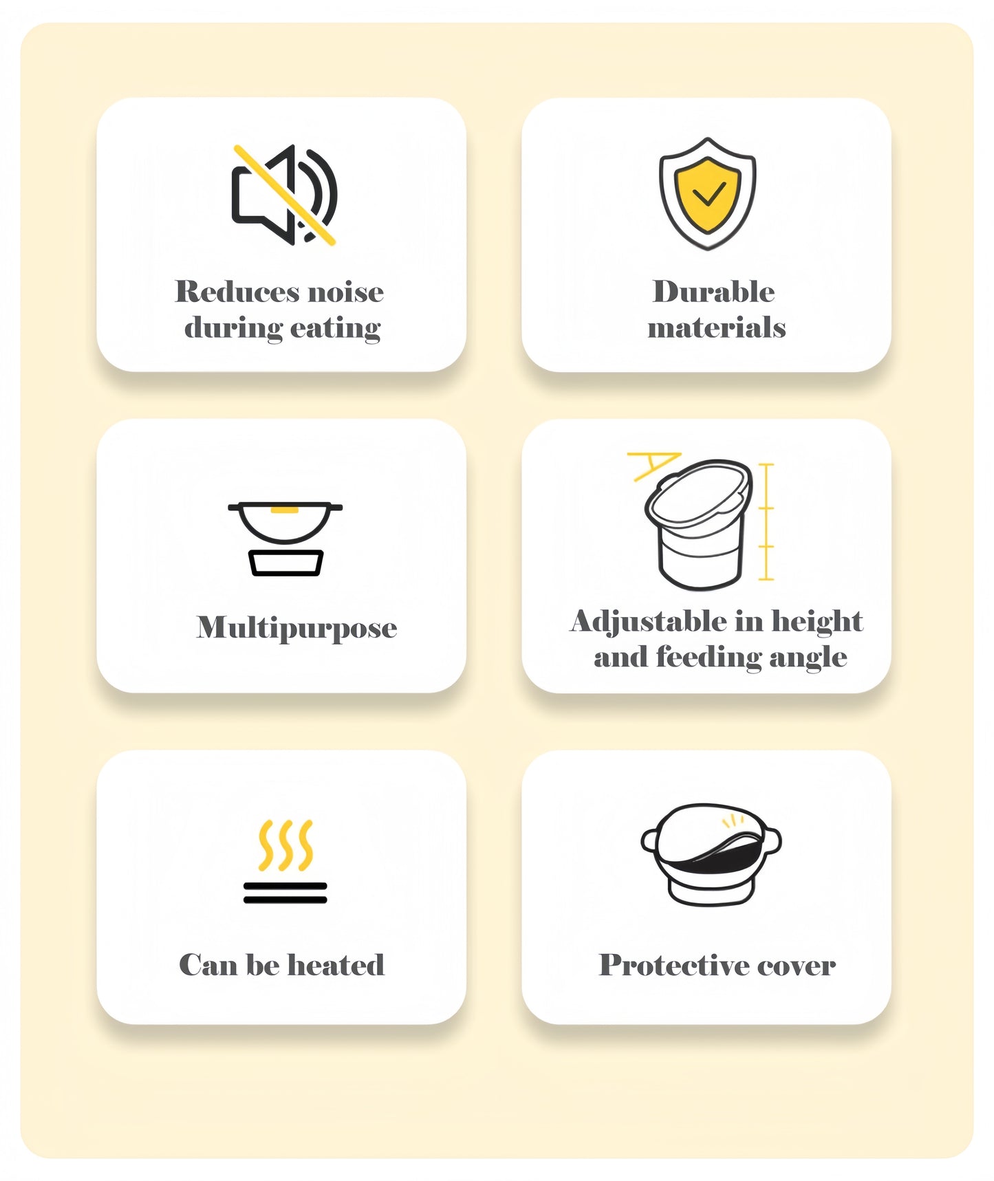 Set of icons and text describing features on a beige background