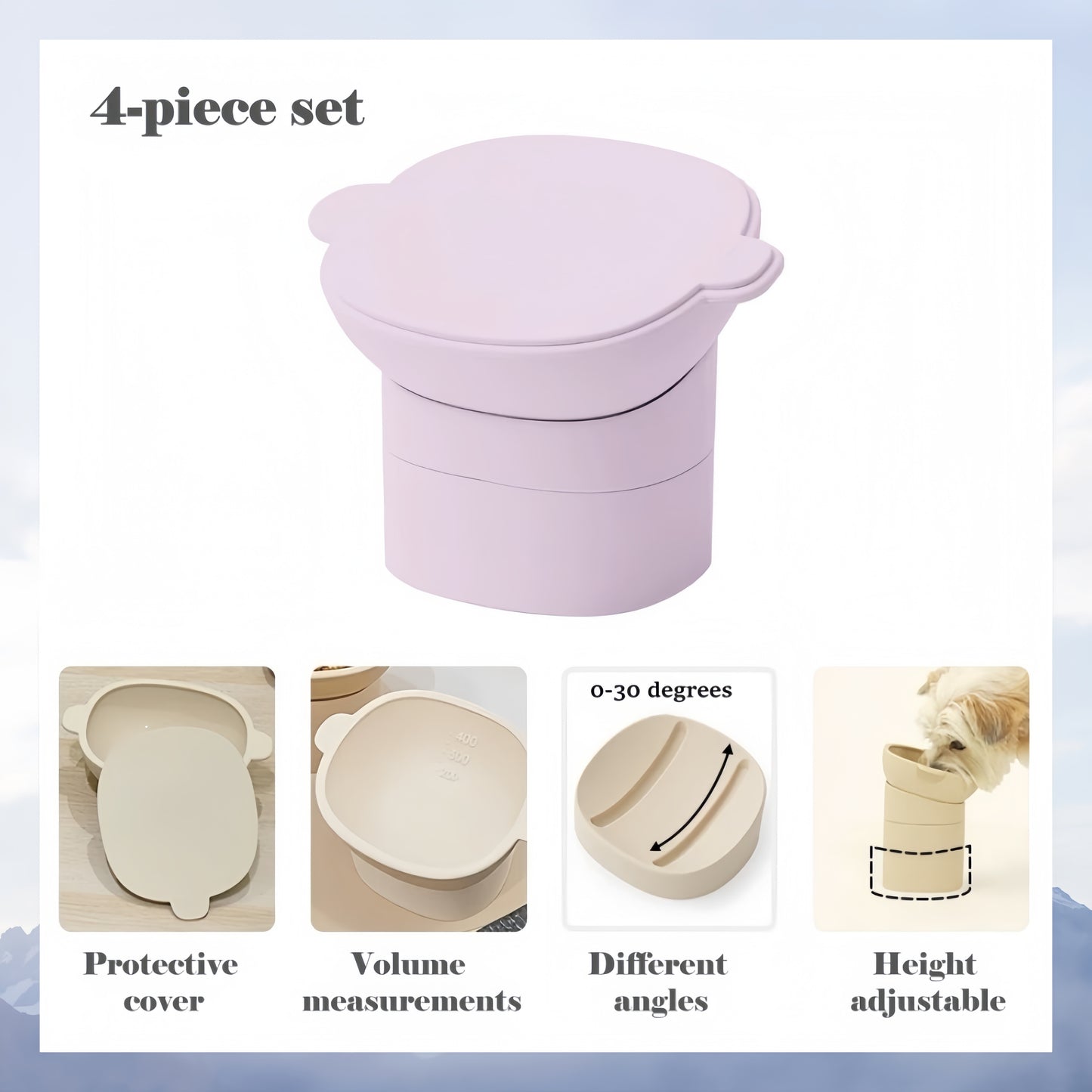 Purple pet bed with features highlighted on a light blue background