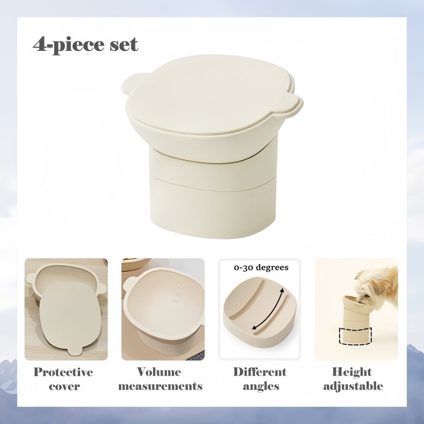 Beige height-adjustable container with features highlighted on a light blue background