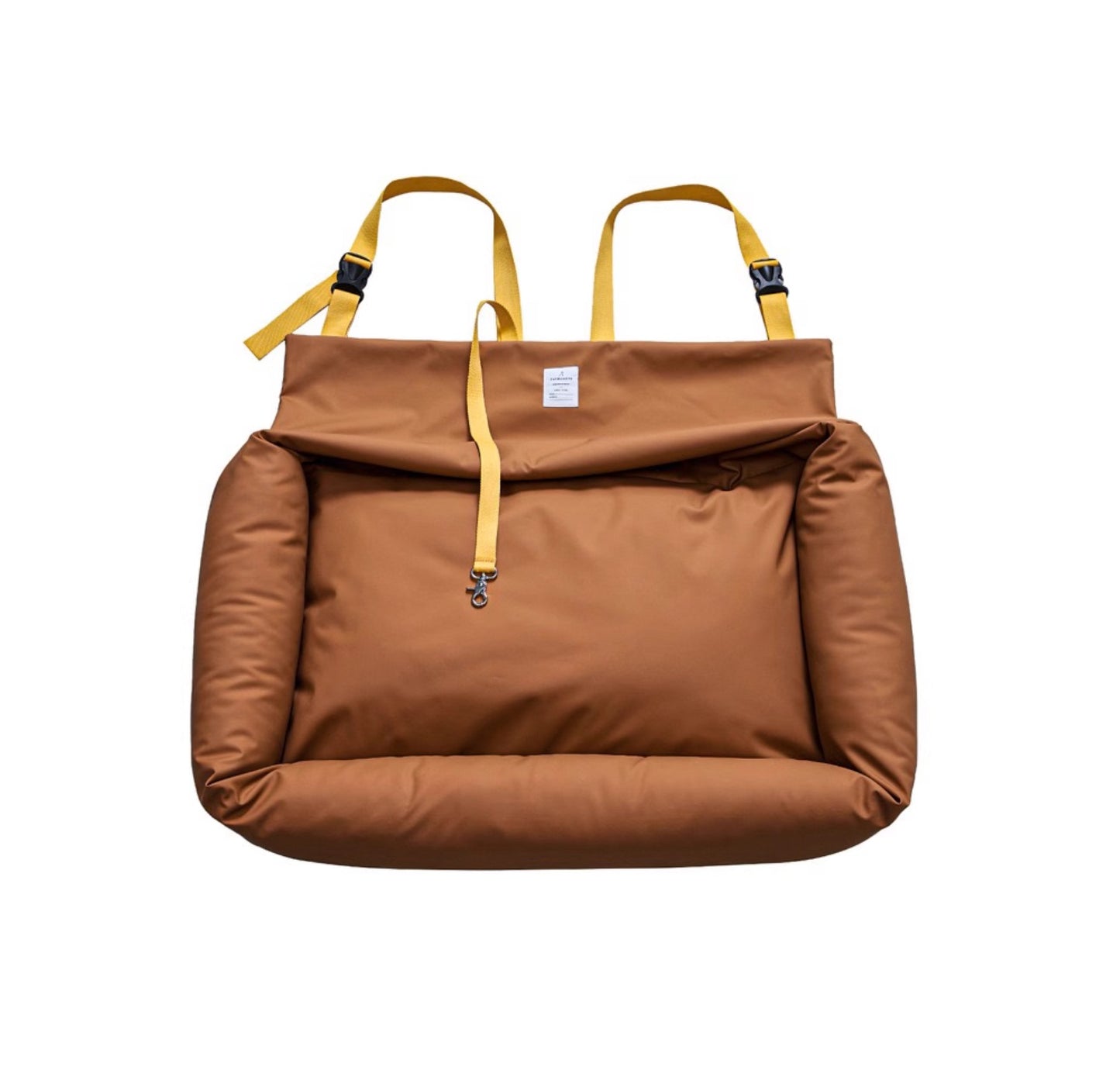 brown duffel bag with straps on a white background