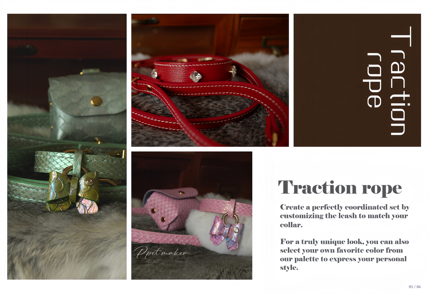 Collage of dog collars and leashes with text on a brown background