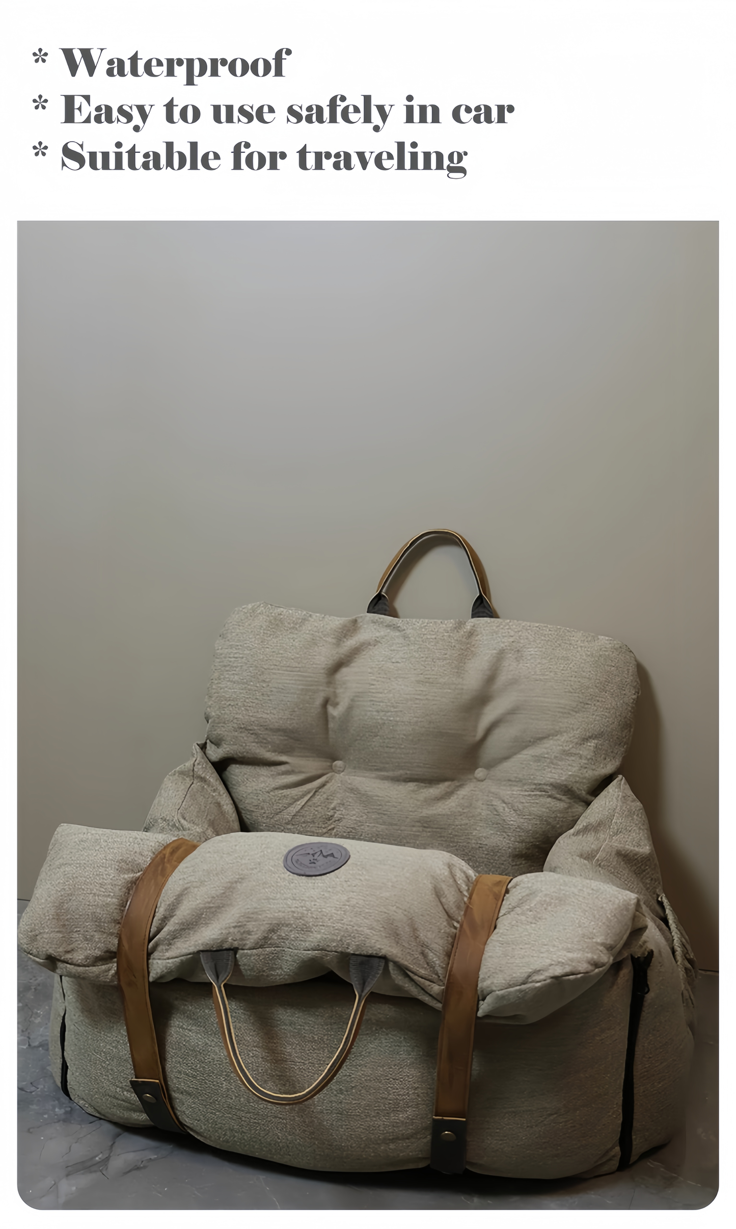 Beige travel bag with brown straps on a light gray background
