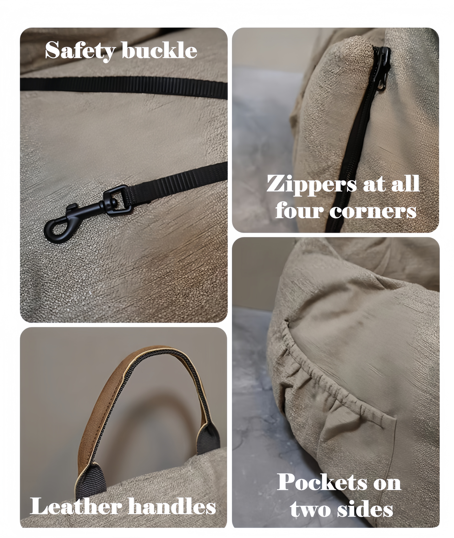 Collage of features including safety buckle, zippers at corners, leather handles, and pockets on a bag.