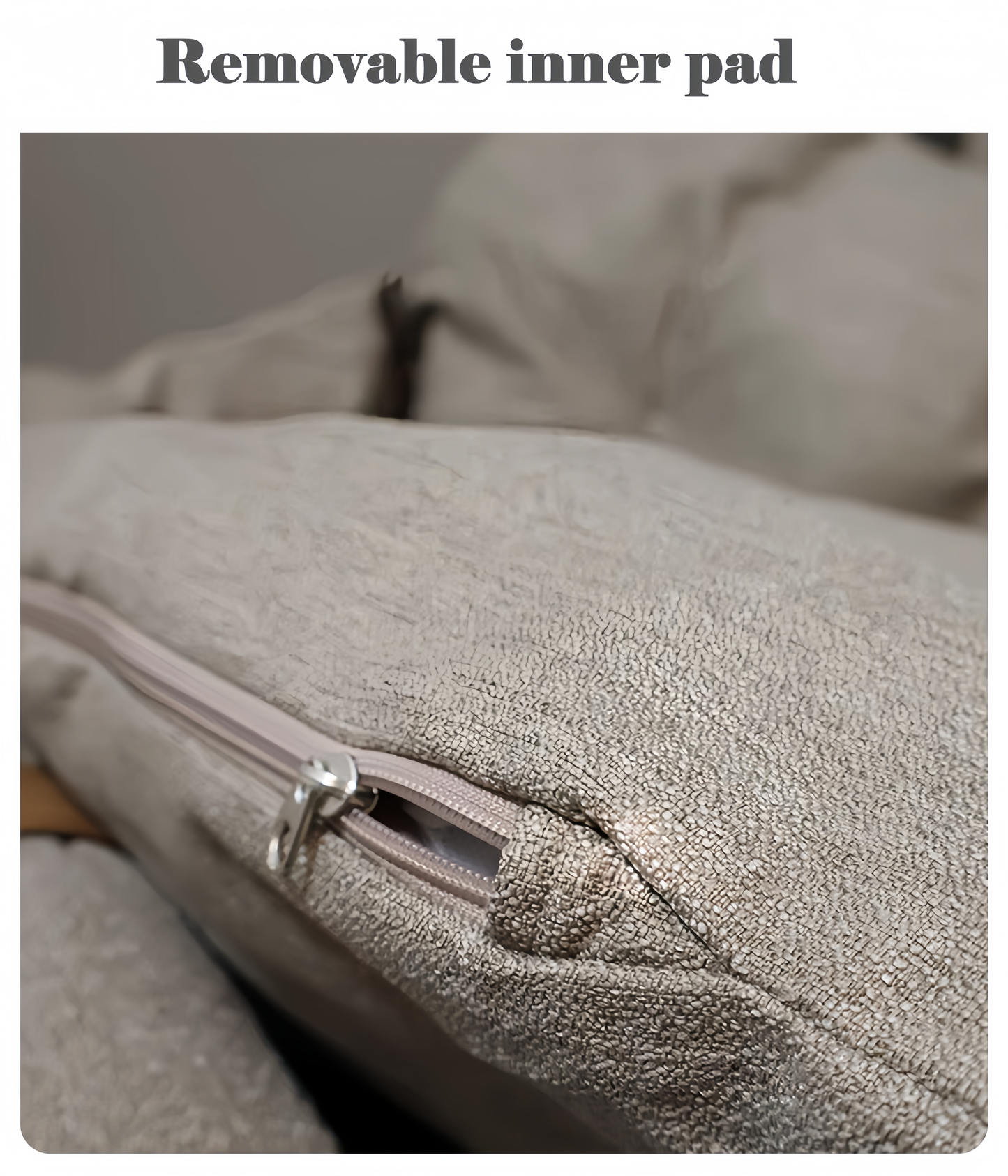 Gray pillow with a zipper on a neutral background