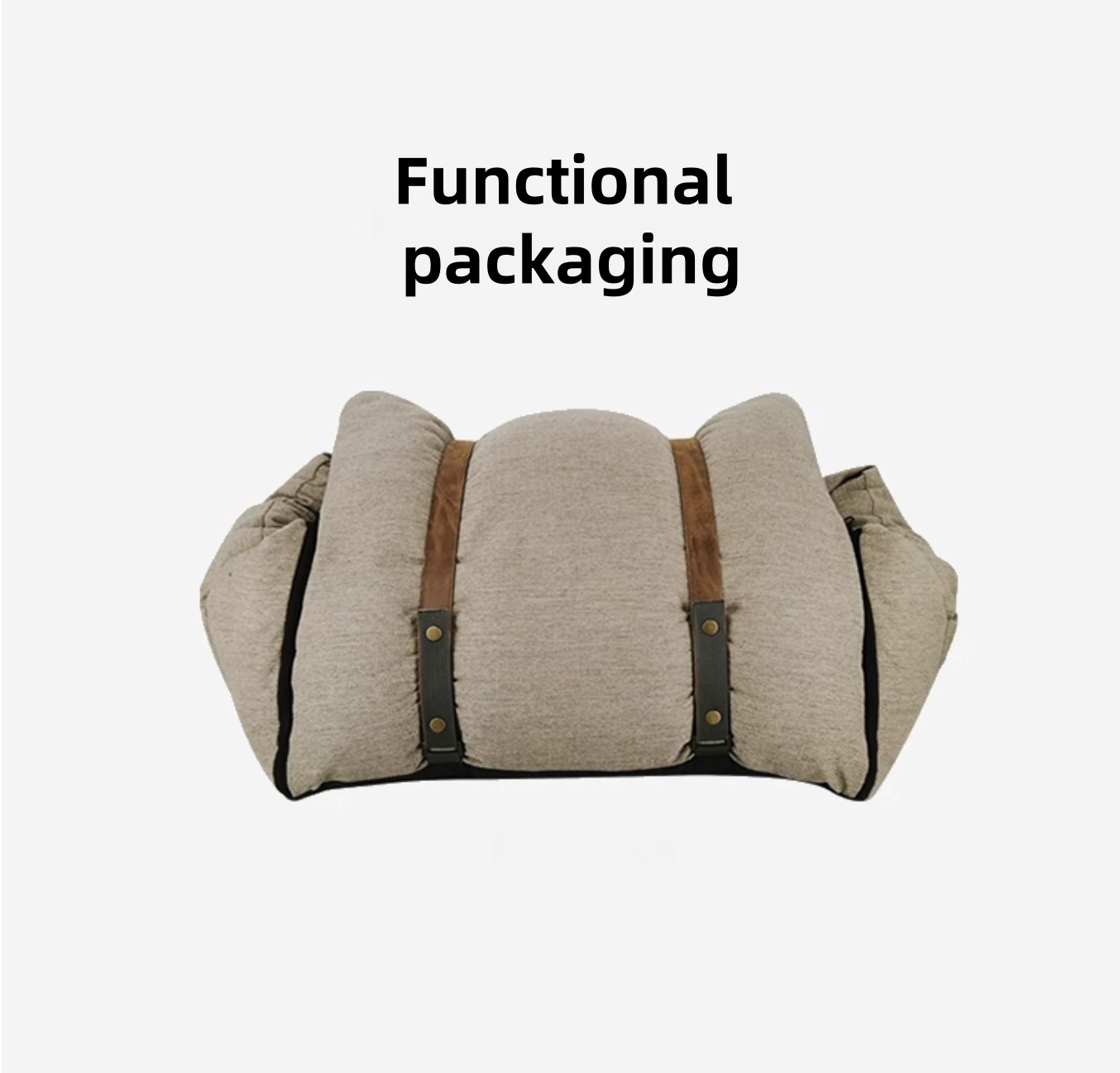 Text 'Functional packaging' above a beige fabric package with brown straps on a white background