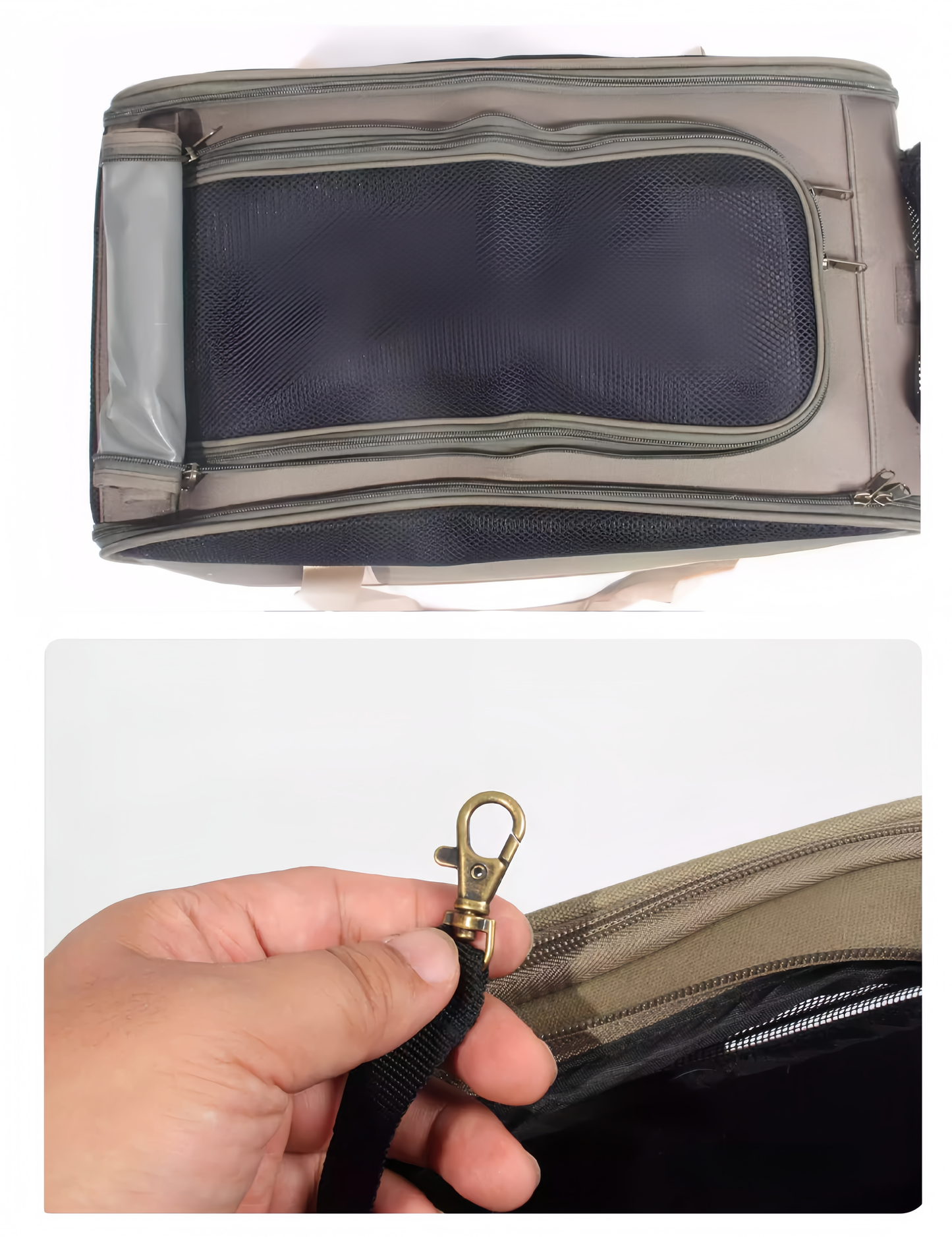 Clear travel bag with a black interior, shown from two angles.