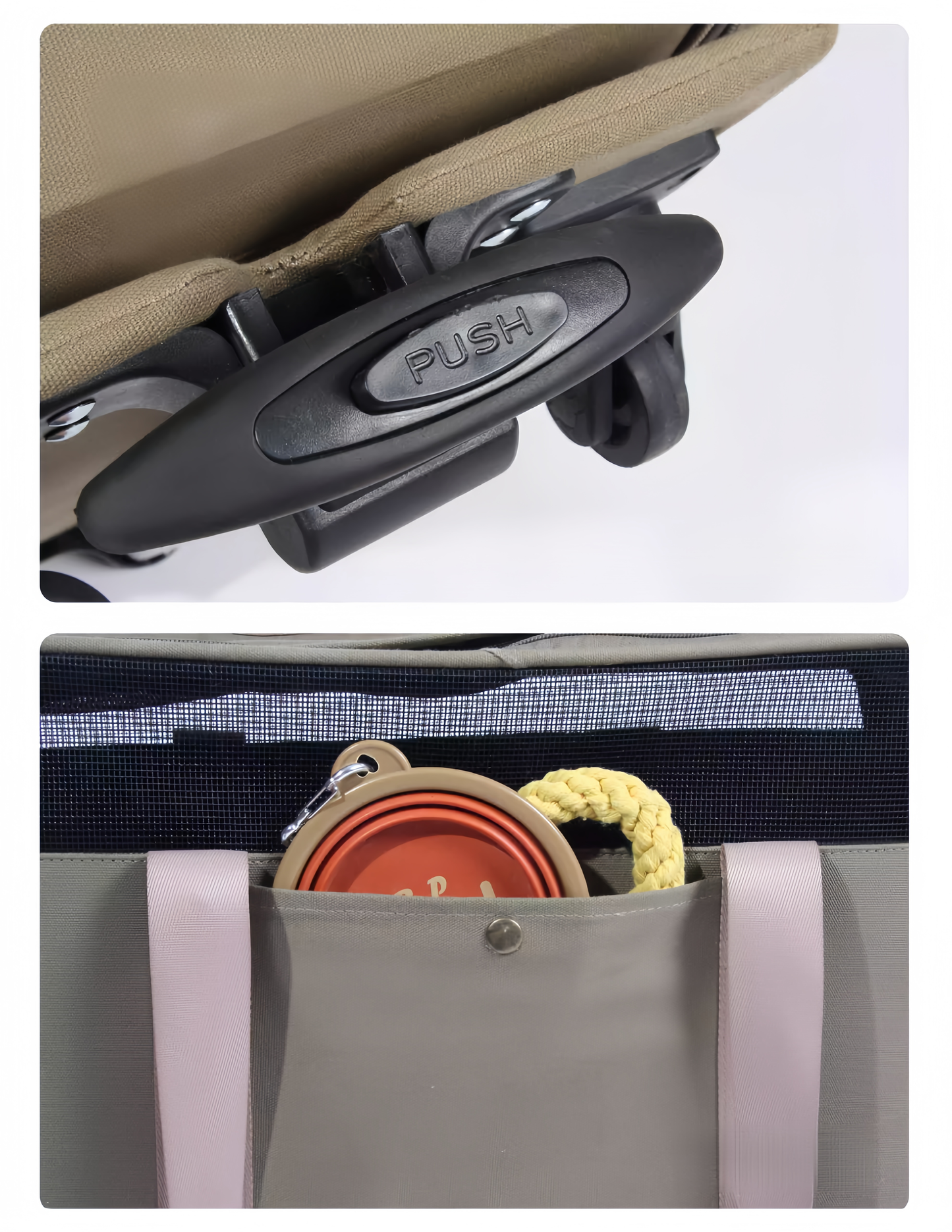 Close-up of a push mechanism on a stroller seat and a stroller pocket with items inside.