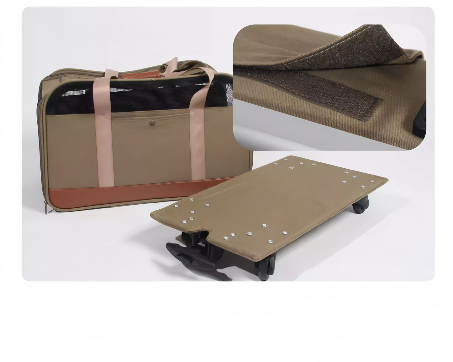 Brown travel mat with carrying case and close-up of textured surface