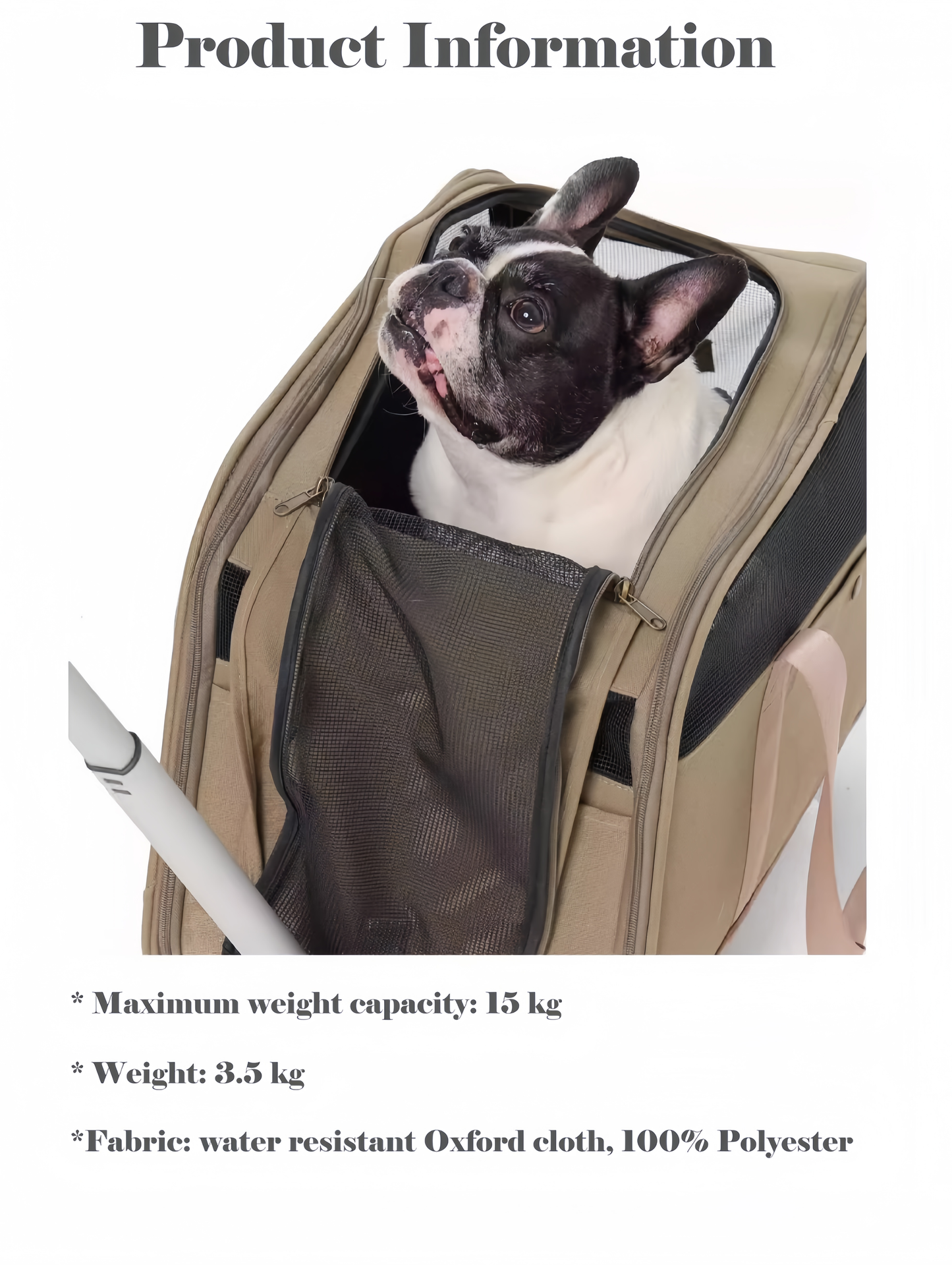 Dog inside a beige bag with product information text overlay