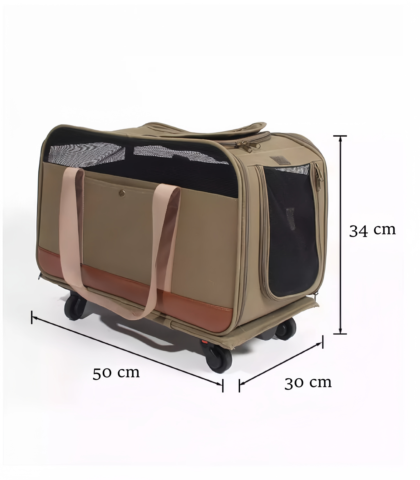 Beige pet carrier with dimensions on a white background