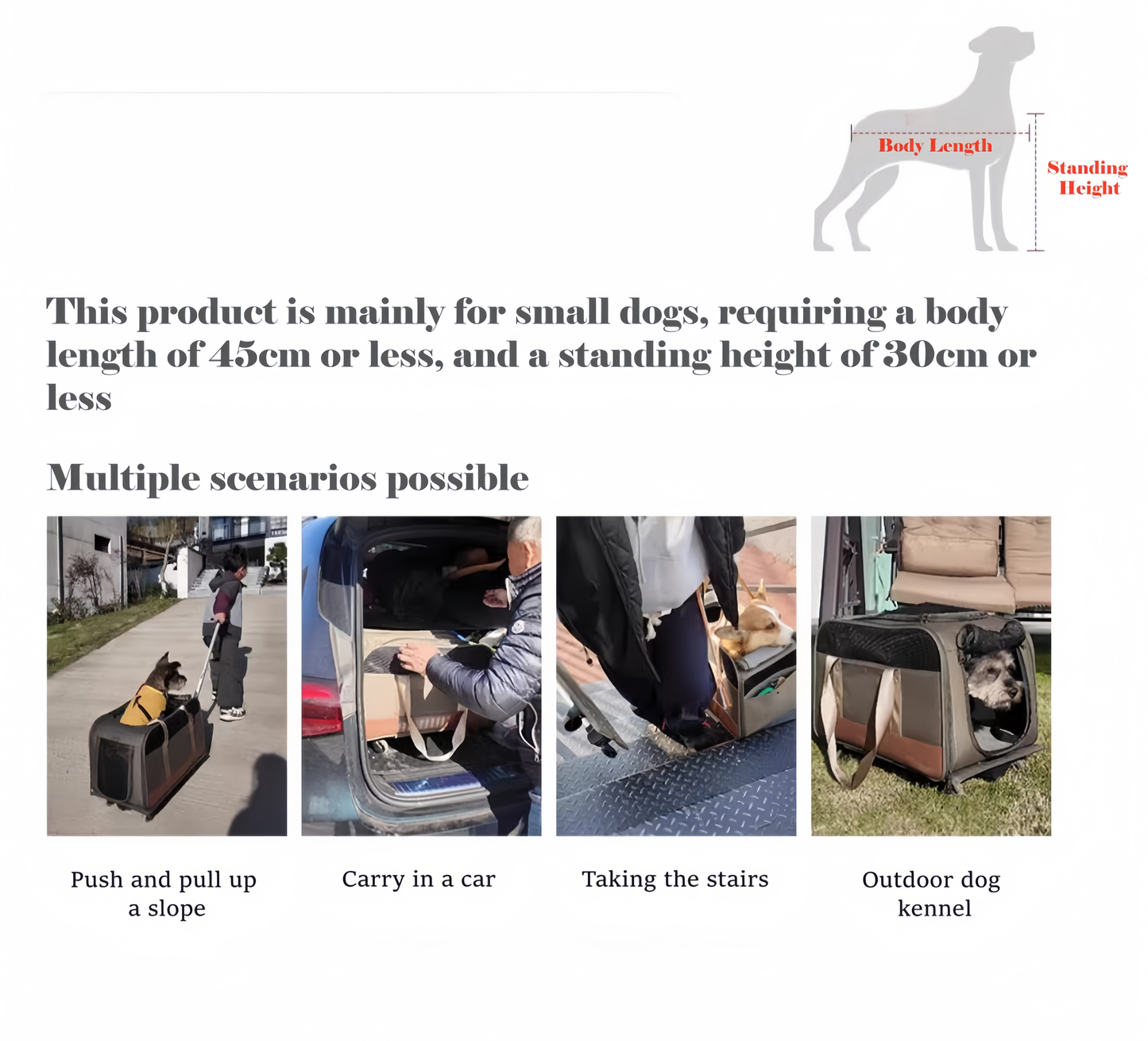 Pet carrier product for small dogs with usage scenarios and dimensions.