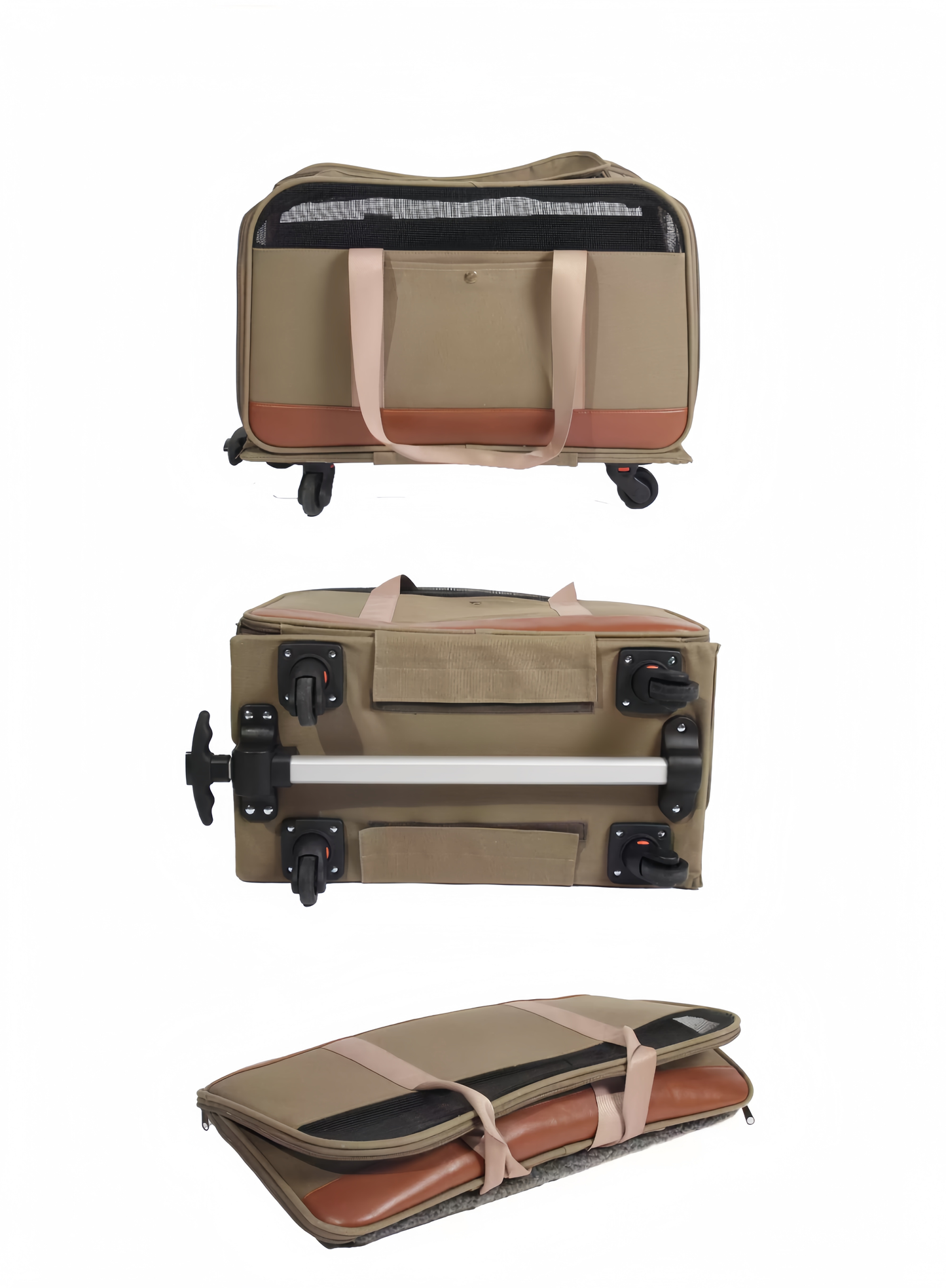 Beige and brown suitcase with wheels on a white background