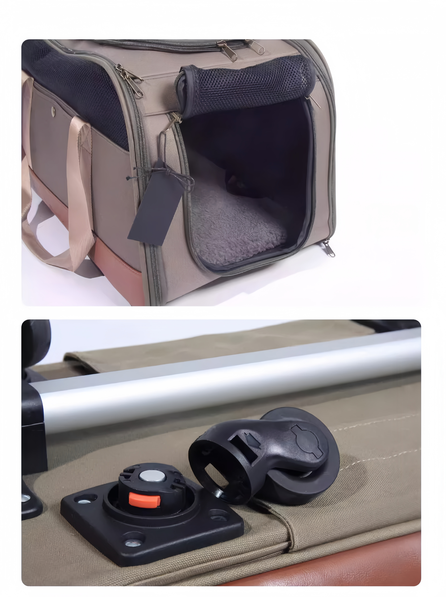 Pet carrier with open door and attached metal frame with connectors on a white background