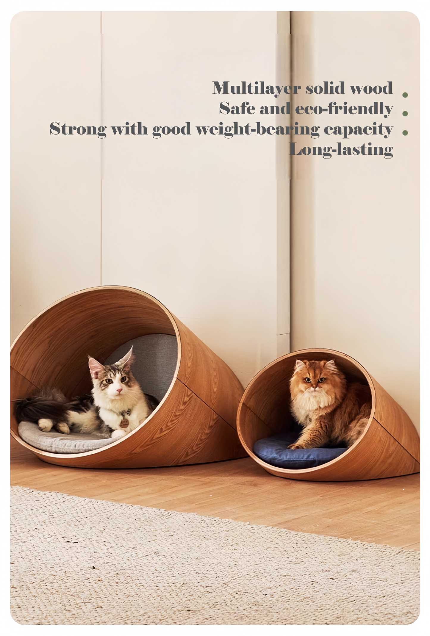 Two wooden pet caves with cats inside on a wooden floor.