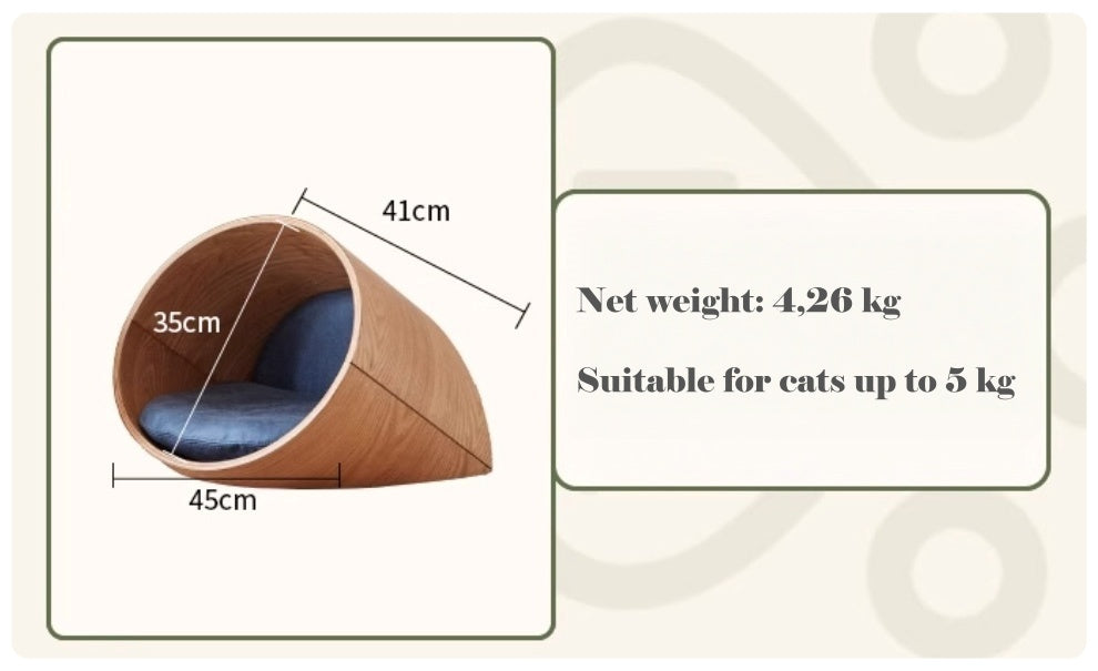 Wooden pet bed with measurements and weight information on a light background