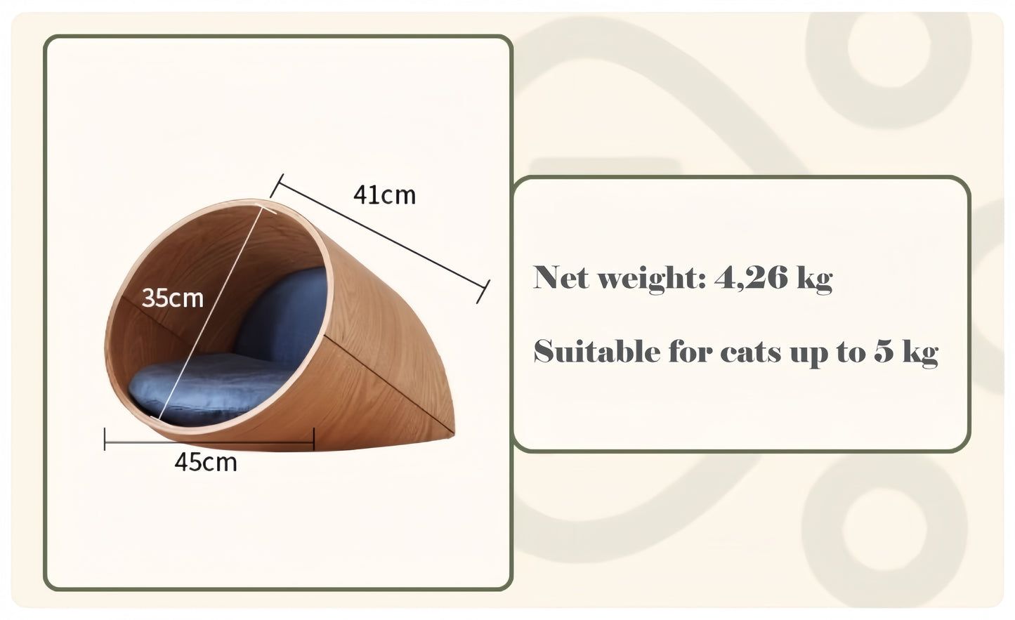 Cat bed with dimensions and weight information on a beige background