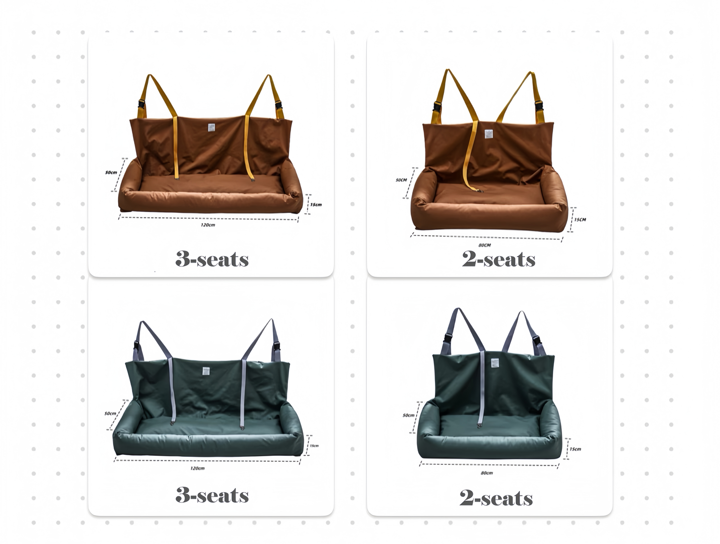 Comparison of a brown and green pet seat with size labels on a white background