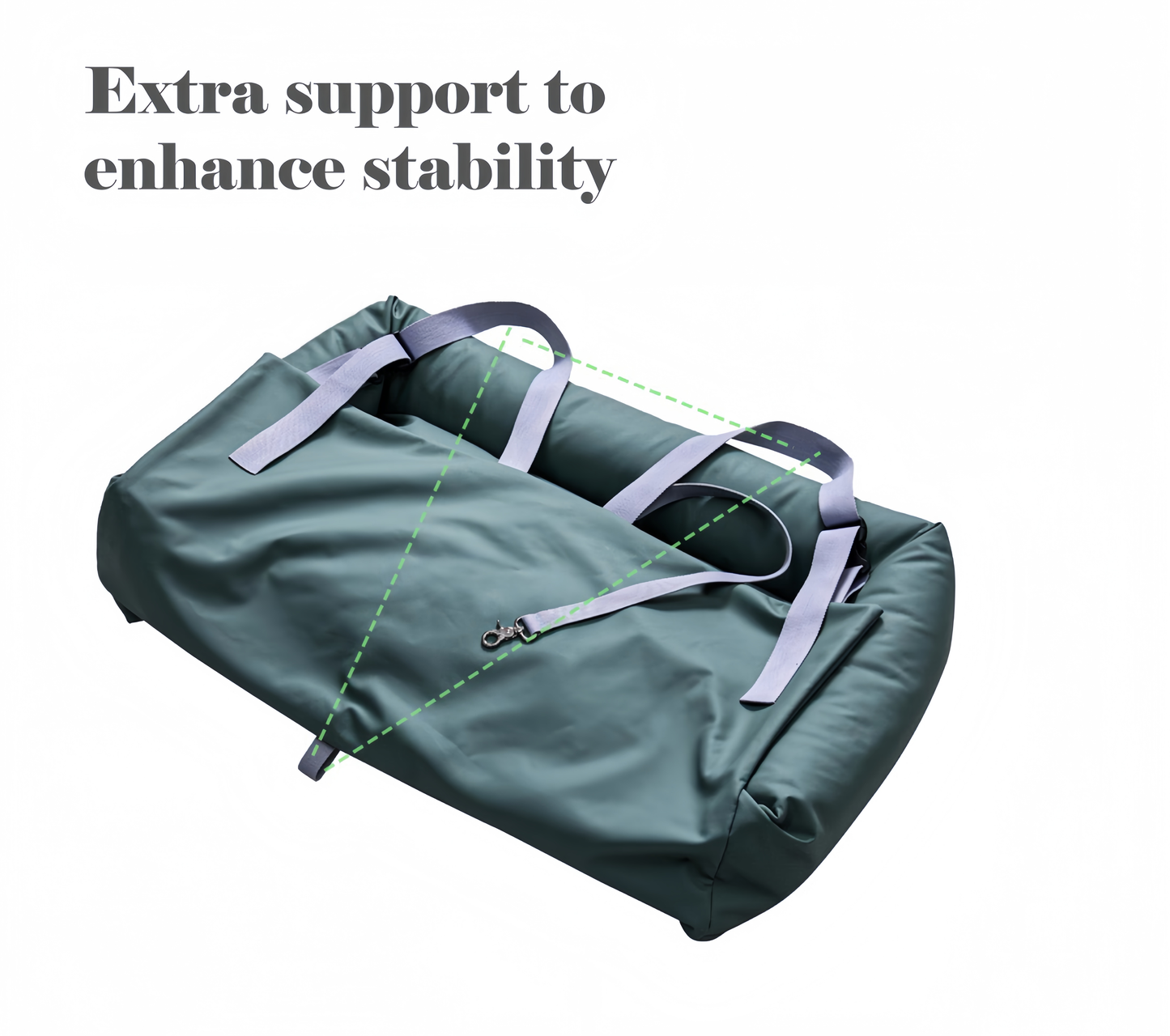 Green duffel bag with straps on a white background